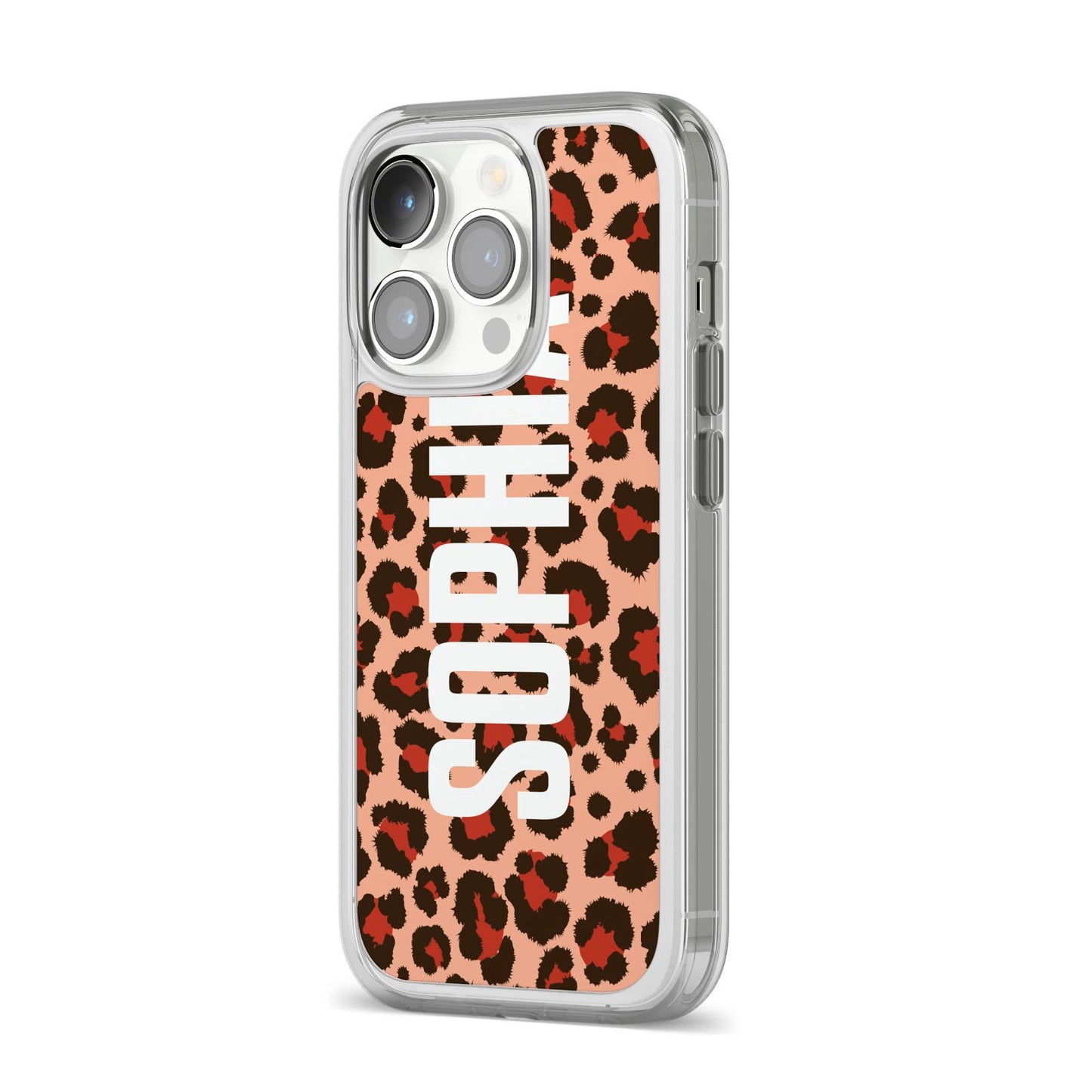 Personalised Leopard Print Name iPhone 14 Pro Clear Tough Case Silver Angled Image