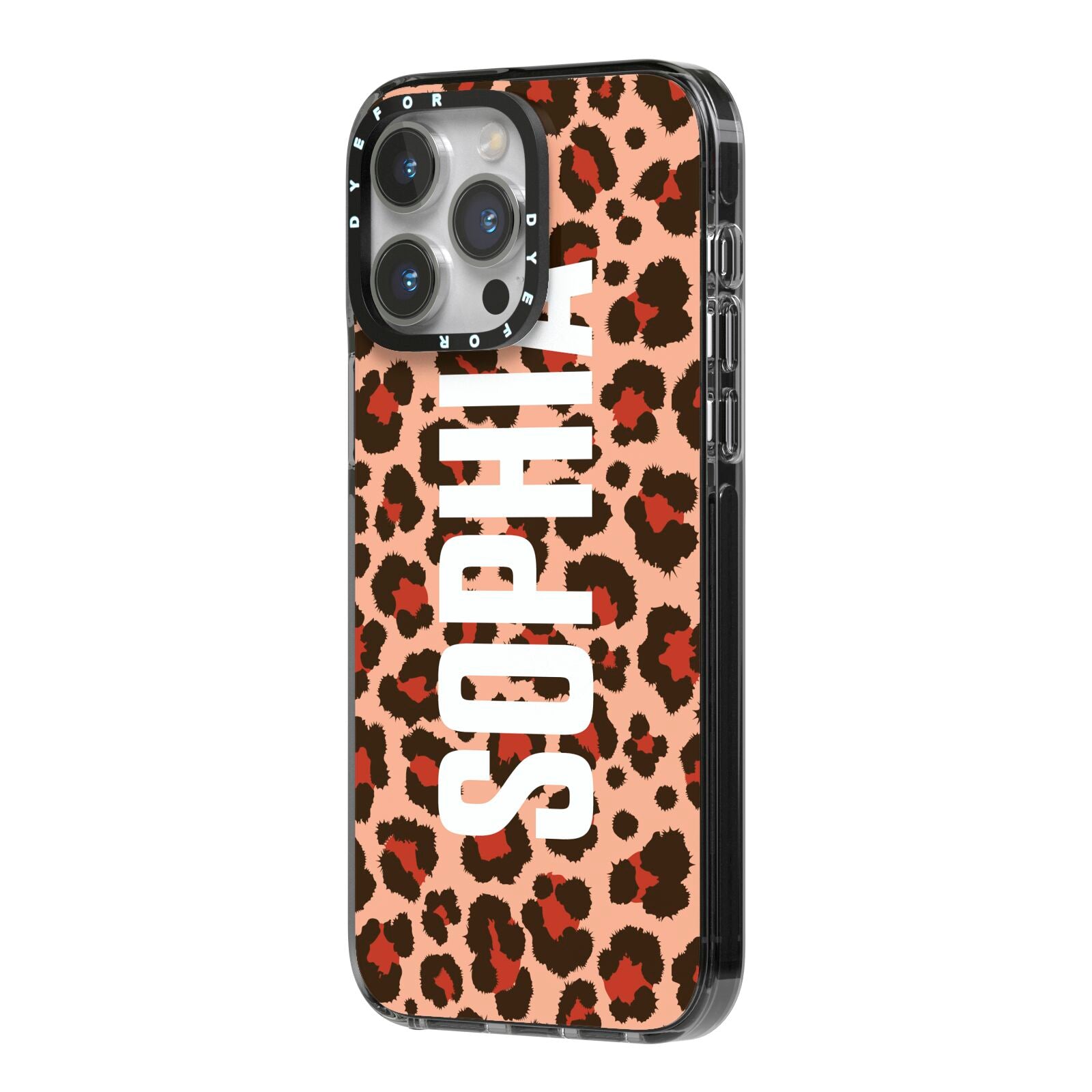 Personalised Leopard Print Name iPhone 14 Pro Max Black Impact Case Side Angle on Silver phone