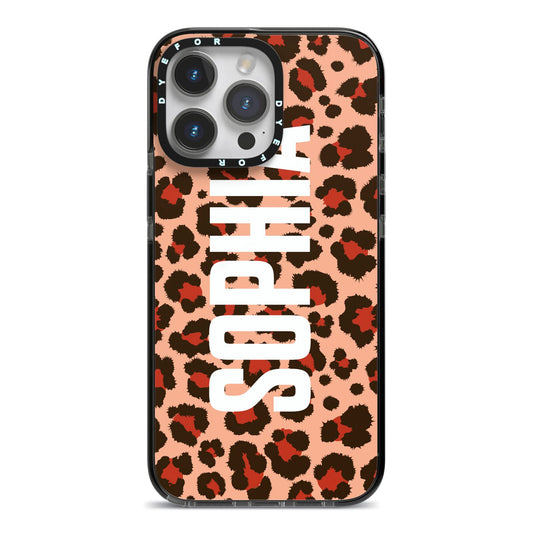 Personalised Leopard Print Name iPhone 14 Pro Max Black Impact Case on Silver phone