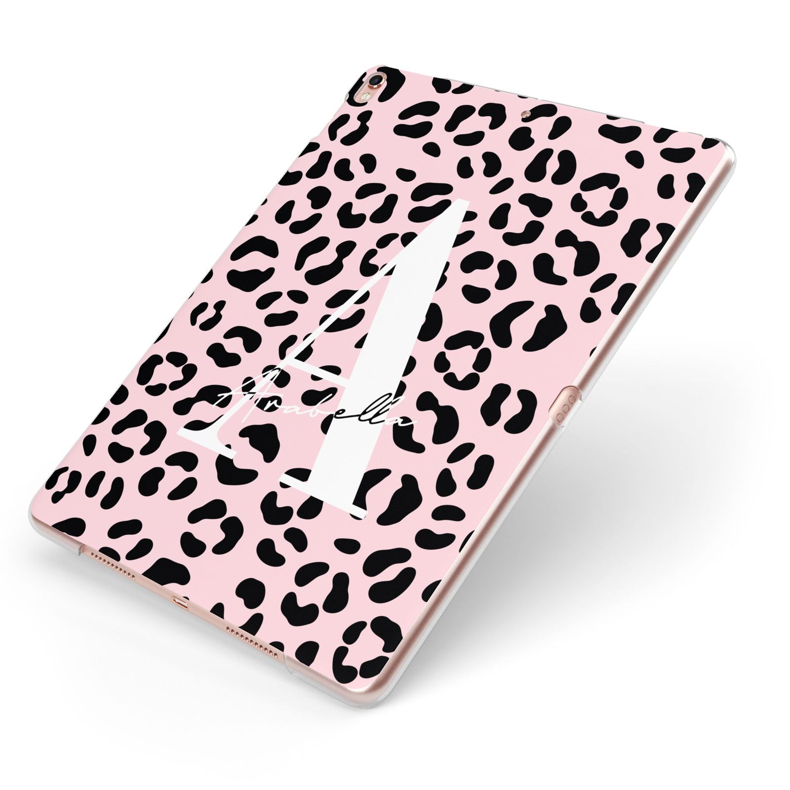 Personalised Leopard Print Pink Black Apple iPad Case on Rose Gold iPad Side View