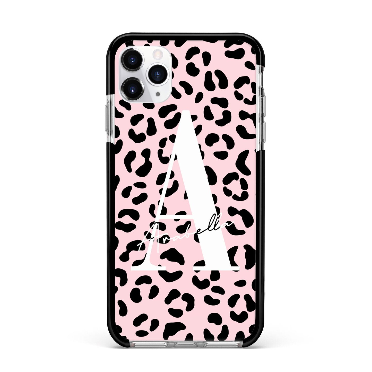 Personalised Leopard Print Pink Black Apple iPhone 11 Pro Max in Silver with Black Impact Case