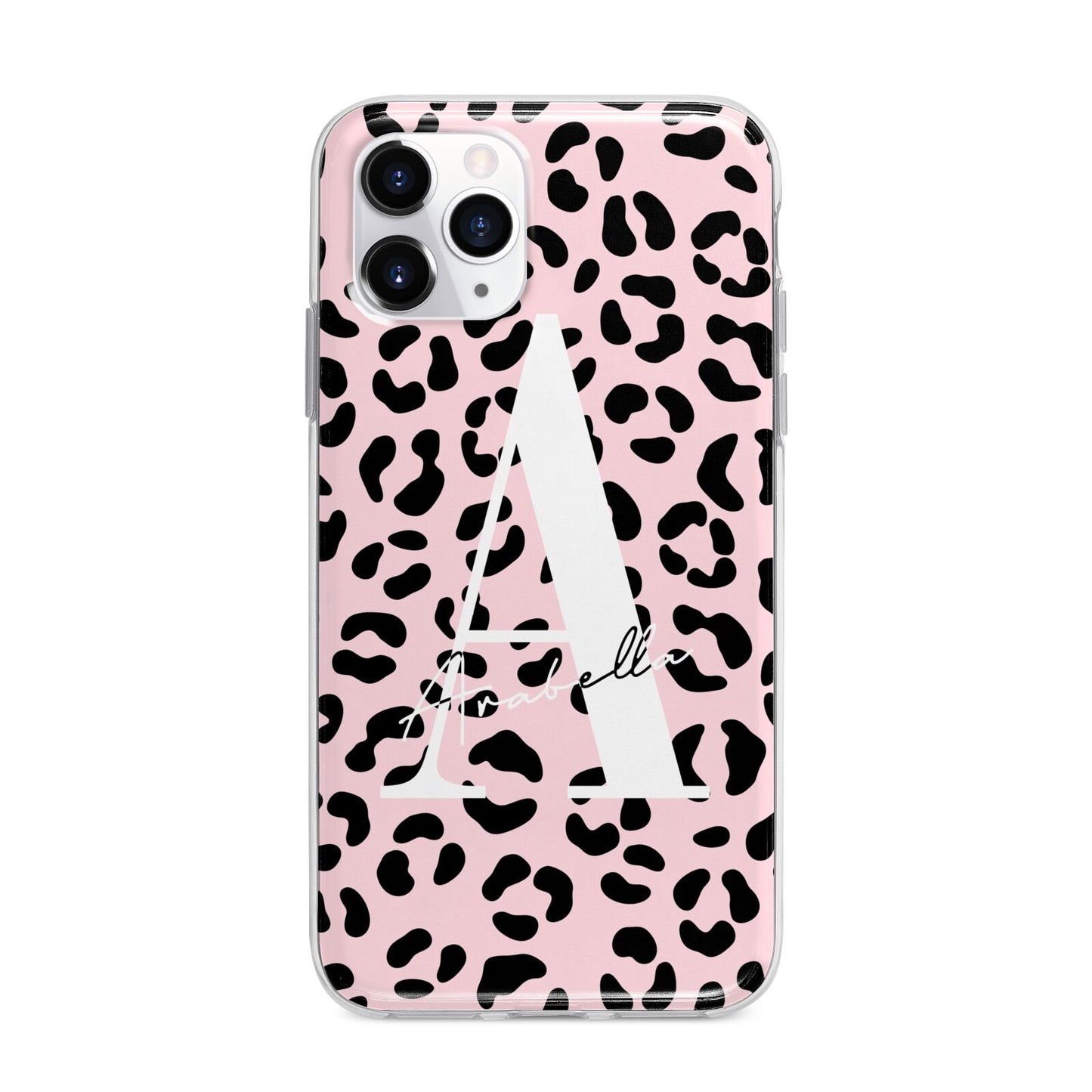 Personalised Leopard Print Pink Black Apple iPhone 11 Pro Max in Silver with Bumper Case