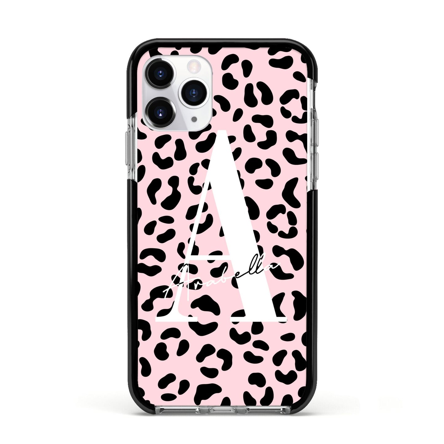 Personalised Leopard Print Pink Black Apple iPhone 11 Pro in Silver with Black Impact Case