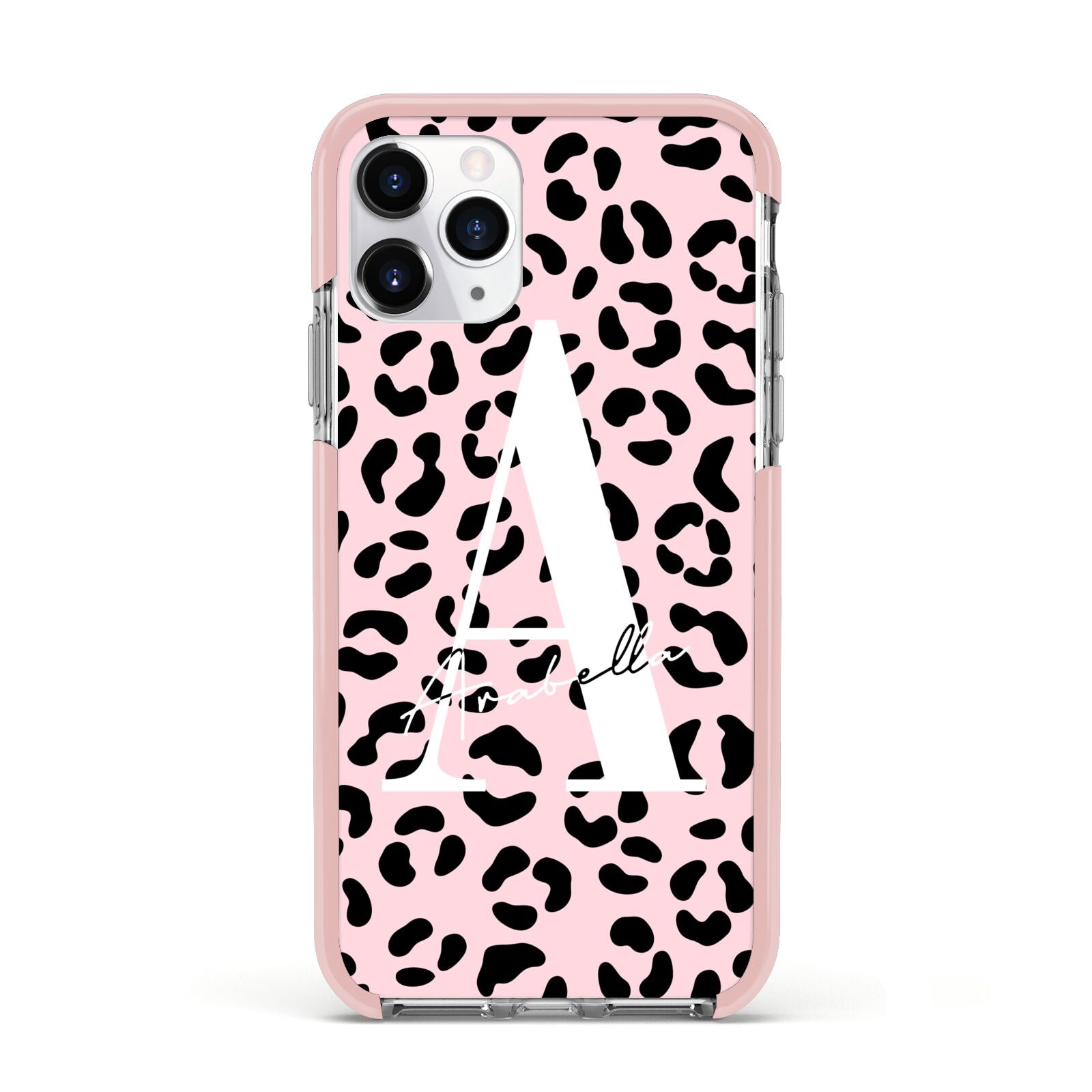 Personalised Leopard Print Pink Black Apple iPhone 11 Pro in Silver with Pink Impact Case
