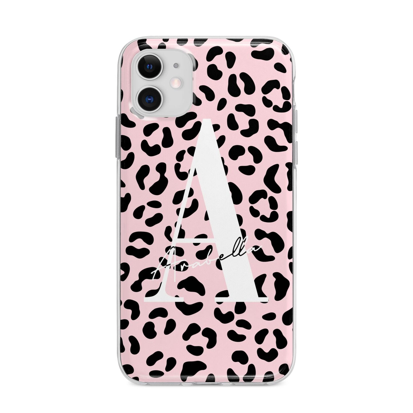 Personalised Leopard Print Pink Black Apple iPhone 11 in White with Bumper Case