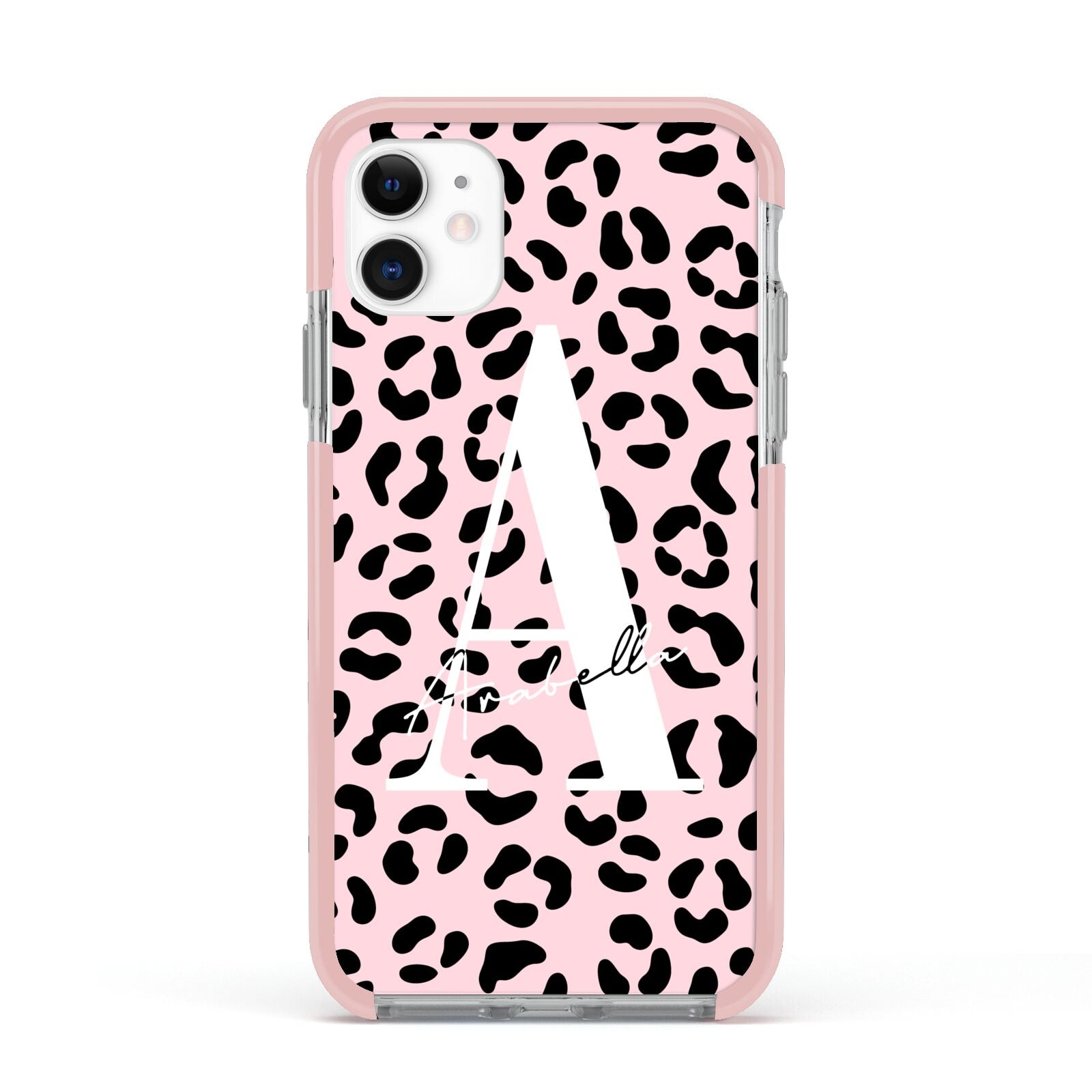 Personalised Leopard Print Pink Black Apple iPhone 11 in White with Pink Impact Case