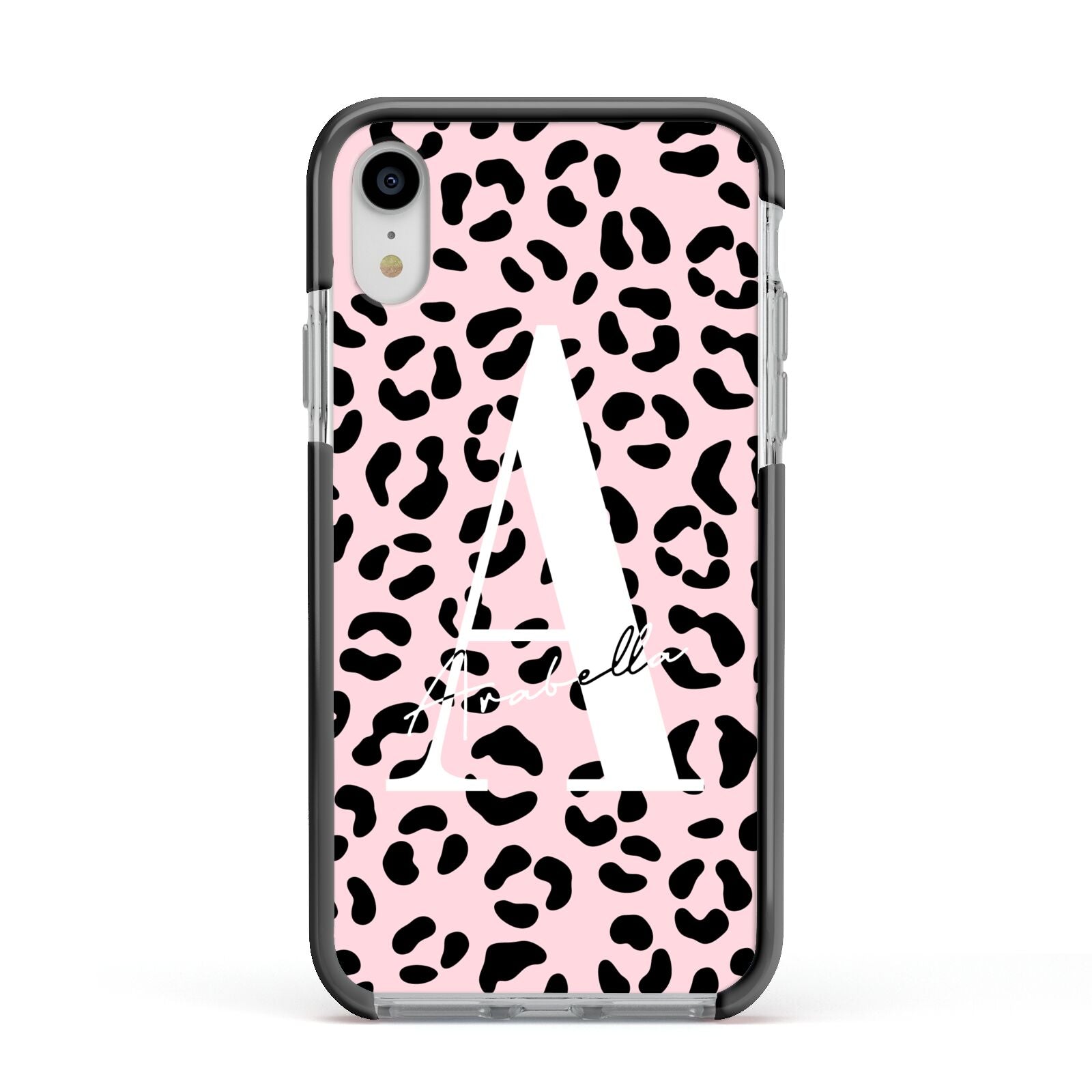 Personalised Leopard Print Pink Black Apple iPhone XR Impact Case Black Edge on Silver Phone
