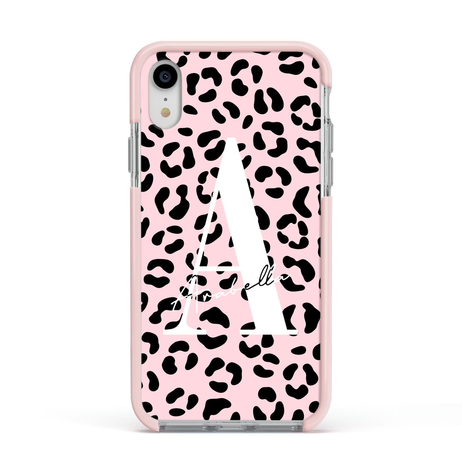 Personalised Leopard Print Pink Black Apple iPhone XR Impact Case Pink Edge on Silver Phone