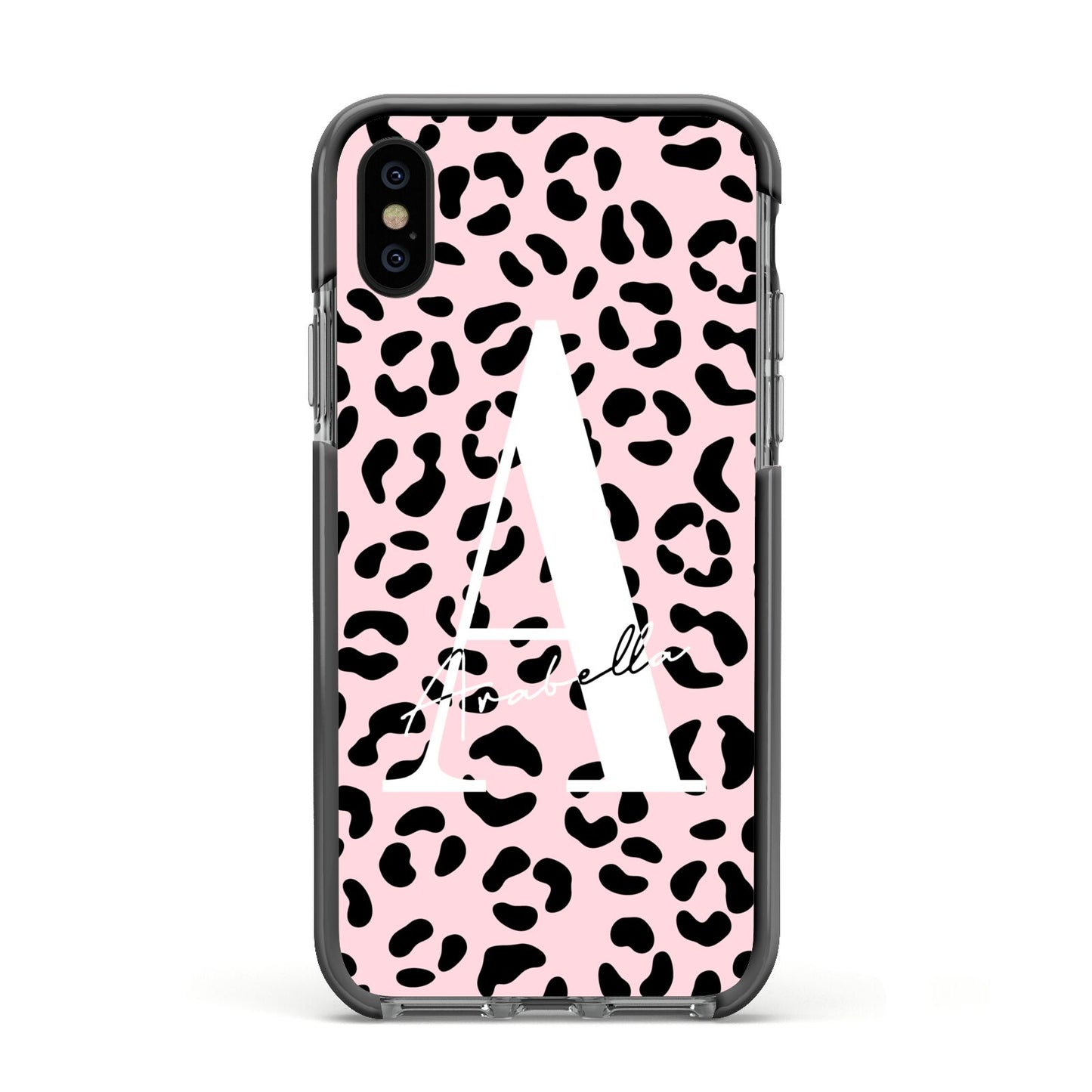 Personalised Leopard Print Pink Black Apple iPhone Xs Impact Case Black Edge on Black Phone