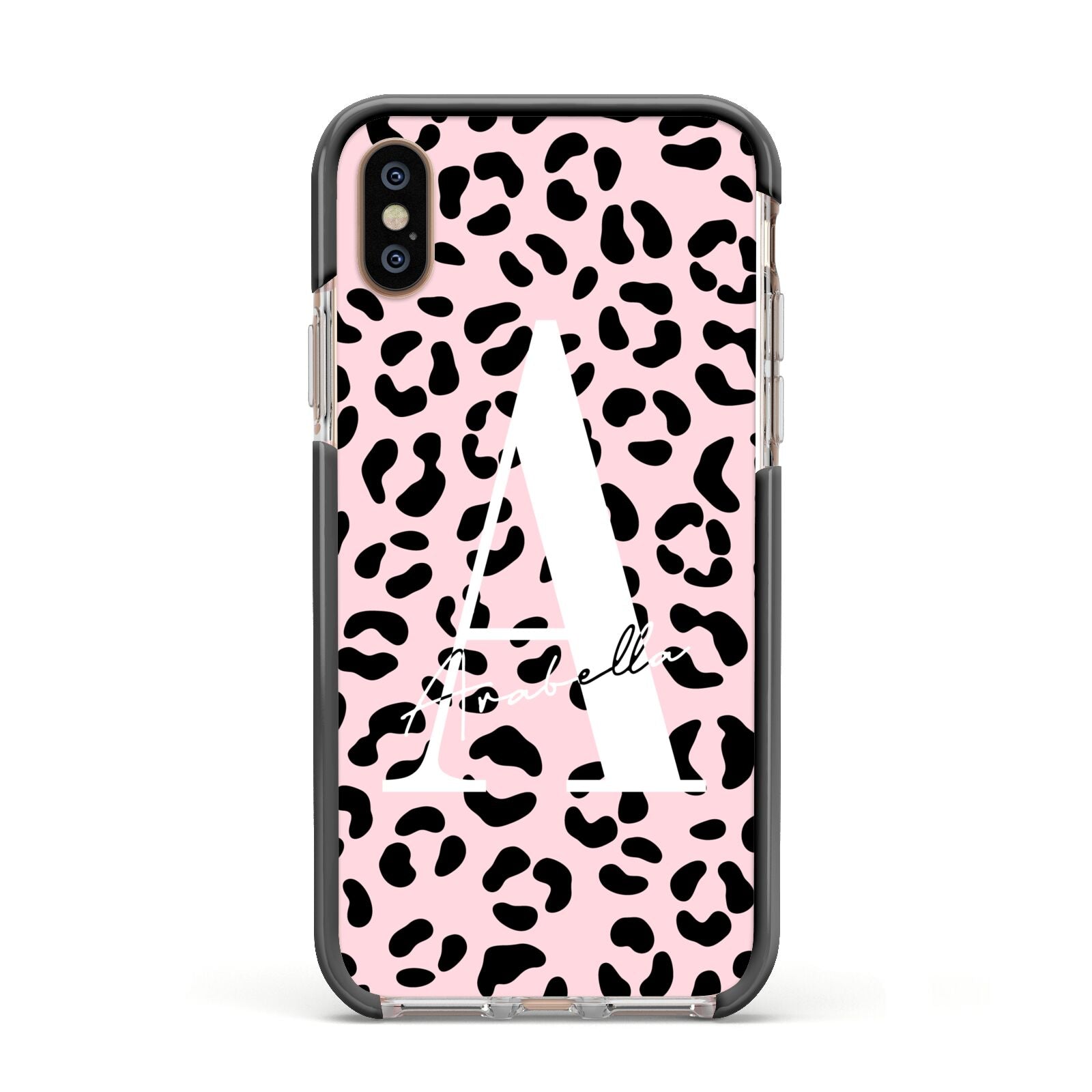 Personalised Leopard Print Pink Black Apple iPhone Xs Impact Case Black Edge on Gold Phone