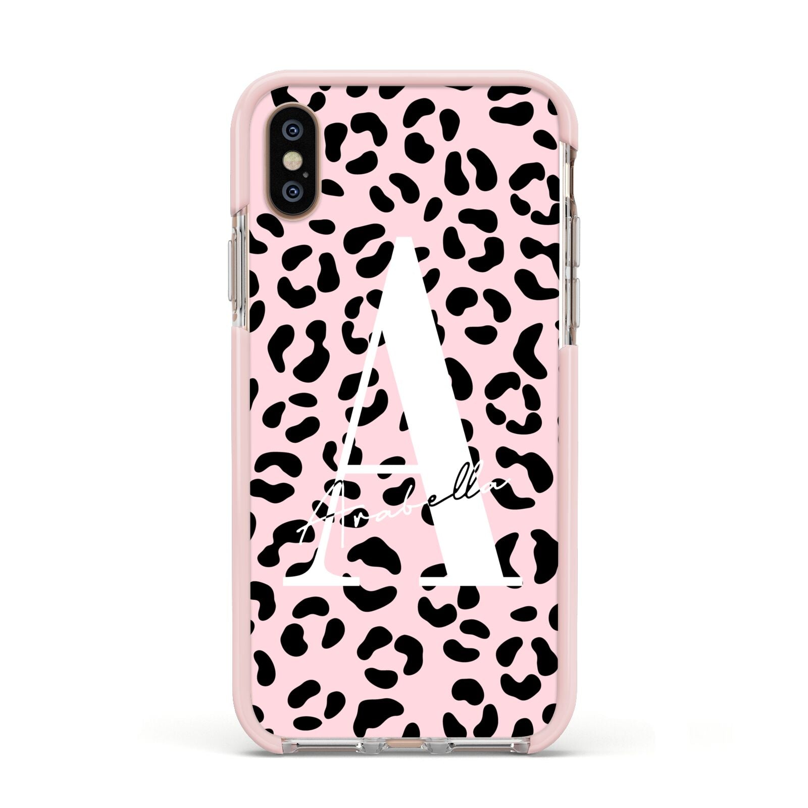 Personalised Leopard Print Pink Black Apple iPhone Xs Impact Case Pink Edge on Gold Phone
