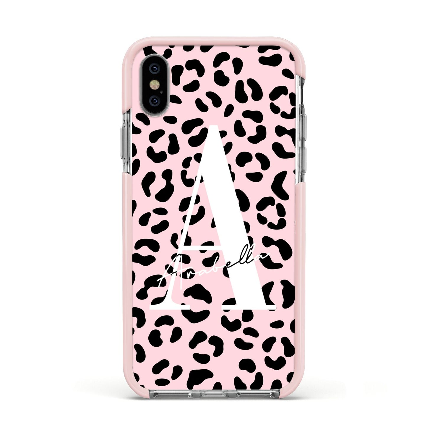 Personalised Leopard Print Pink Black Apple iPhone Xs Impact Case Pink Edge on Silver Phone