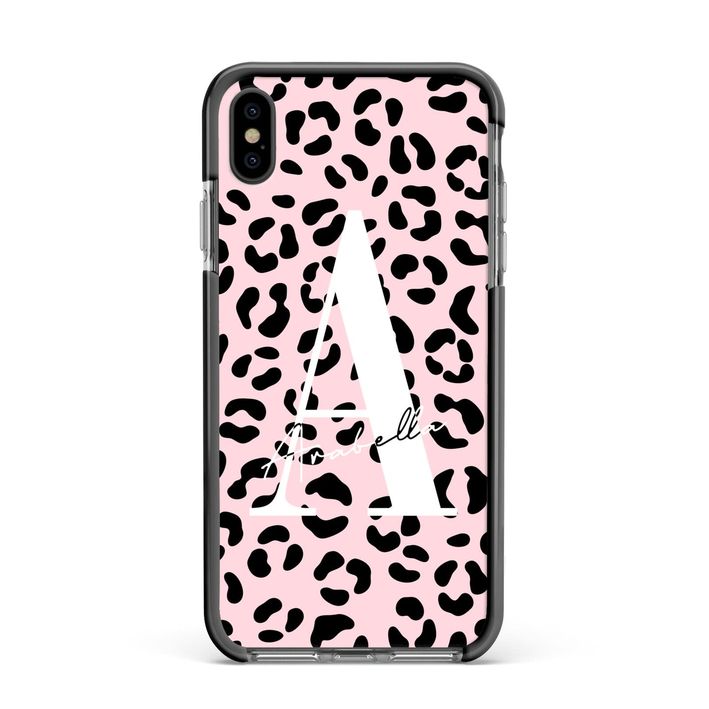 Personalised Leopard Print Pink Black Apple iPhone Xs Max Impact Case Black Edge on Black Phone