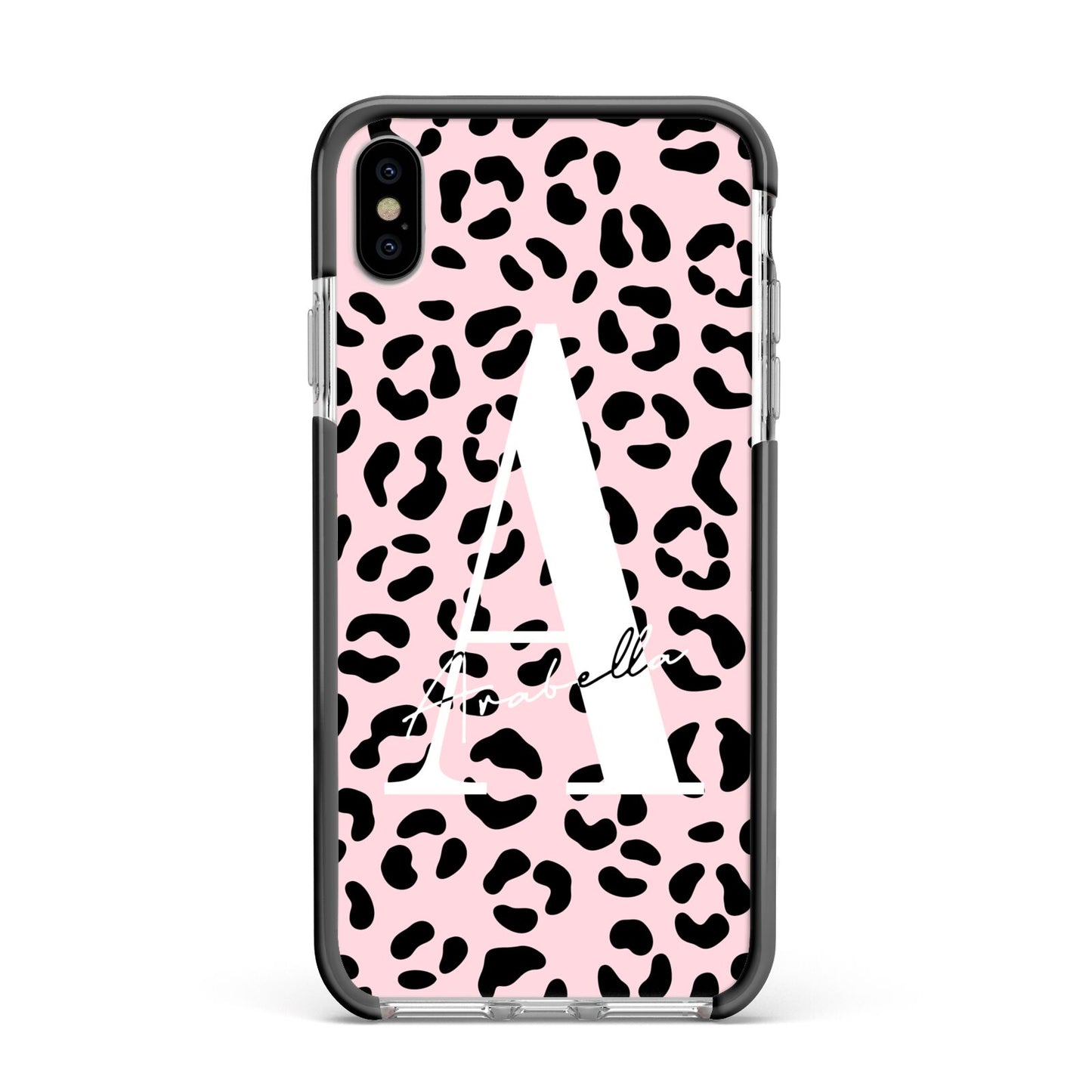 Personalised Leopard Print Pink Black Apple iPhone Xs Max Impact Case Black Edge on Silver Phone