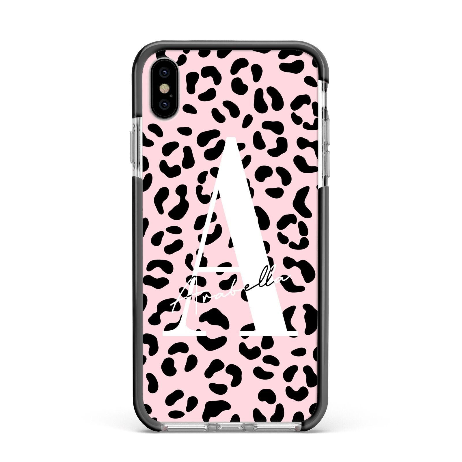 Personalised Leopard Print Pink Black Apple iPhone Xs Max Impact Case Black Edge on Silver Phone