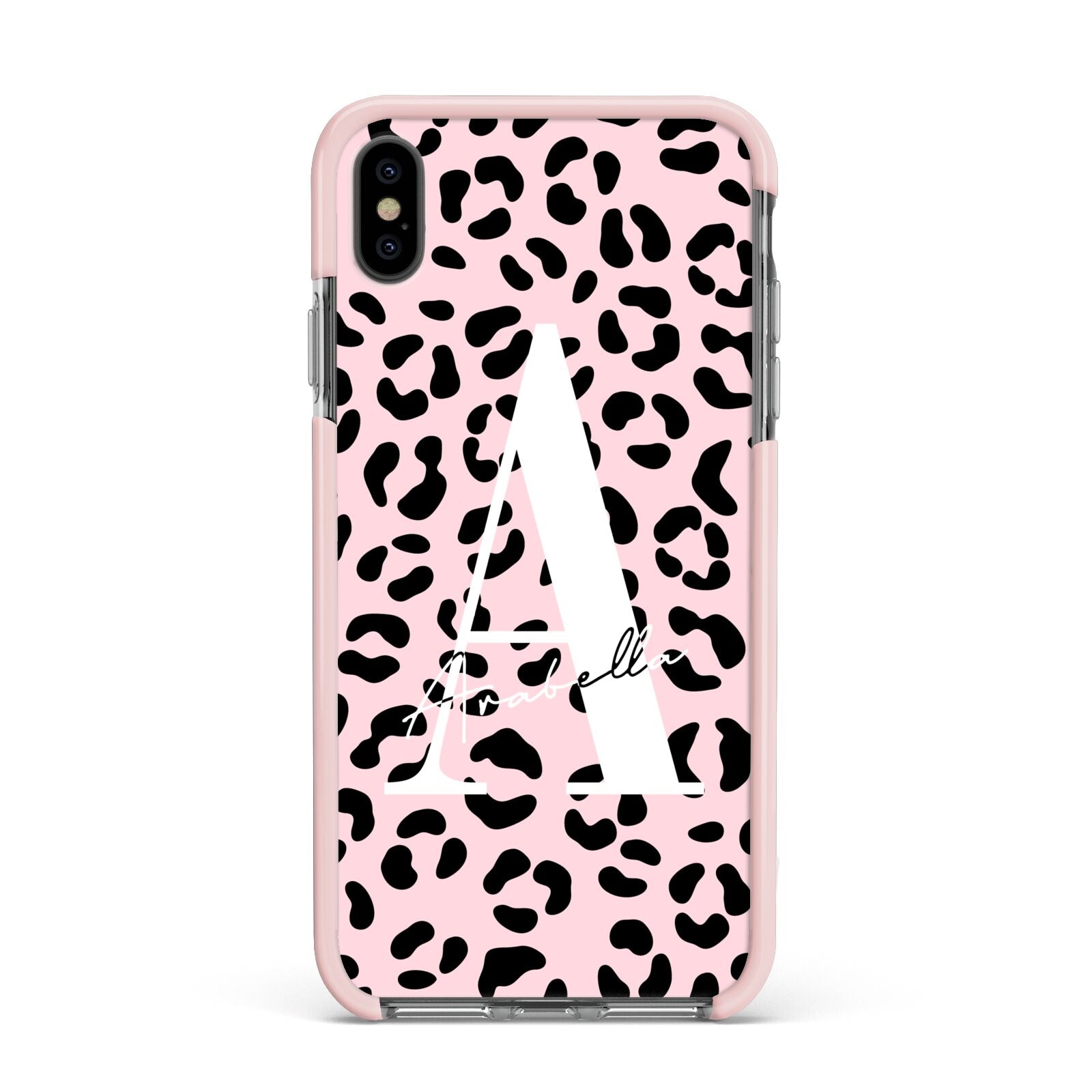 Personalised Leopard Print Pink Black Apple iPhone Xs Max Impact Case Pink Edge on Black Phone
