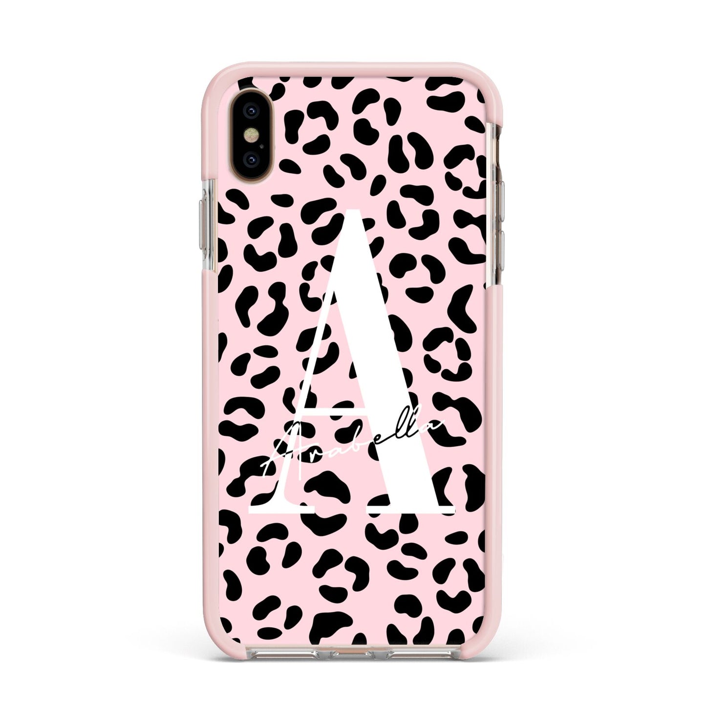 Personalised Leopard Print Pink Black Apple iPhone Xs Max Impact Case Pink Edge on Gold Phone