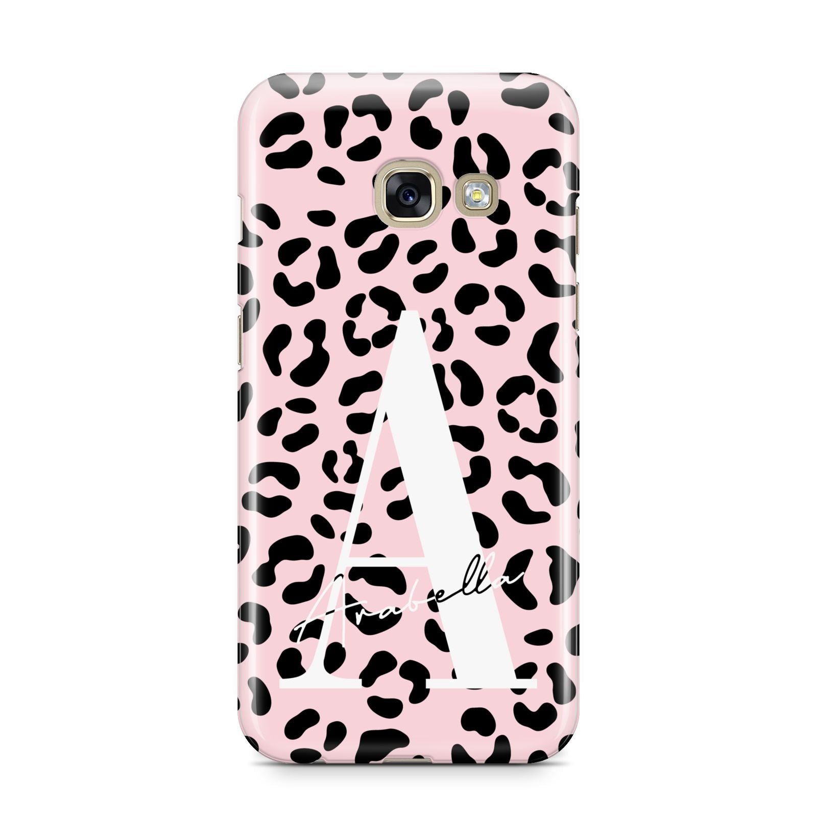 Personalised Leopard Print Pink Black Samsung Galaxy A3 2017 Case on gold phone