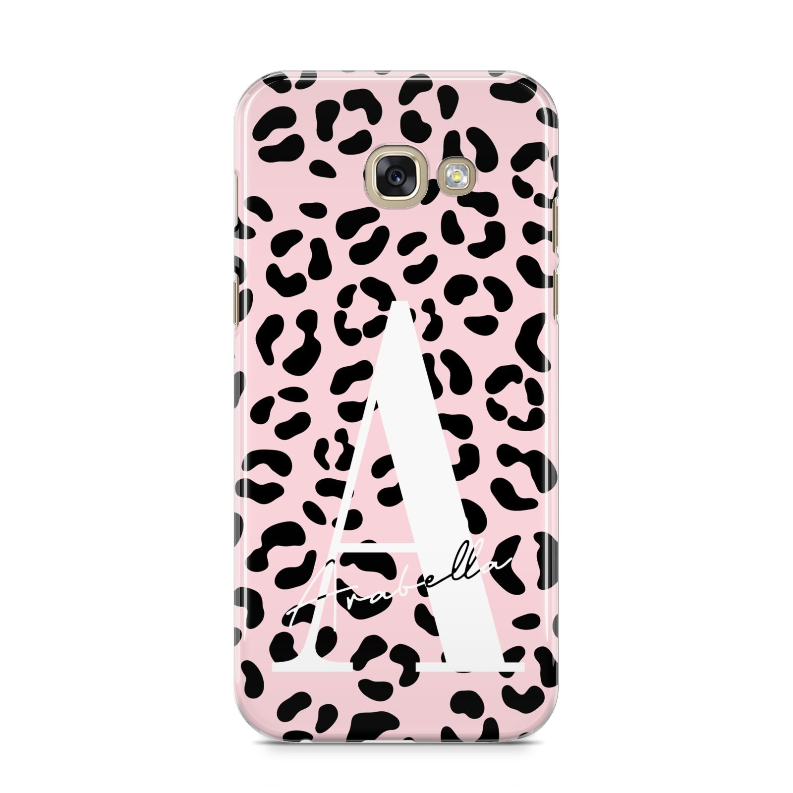 Personalised Leopard Print Pink Black Samsung Galaxy A5 2017 Case on gold phone