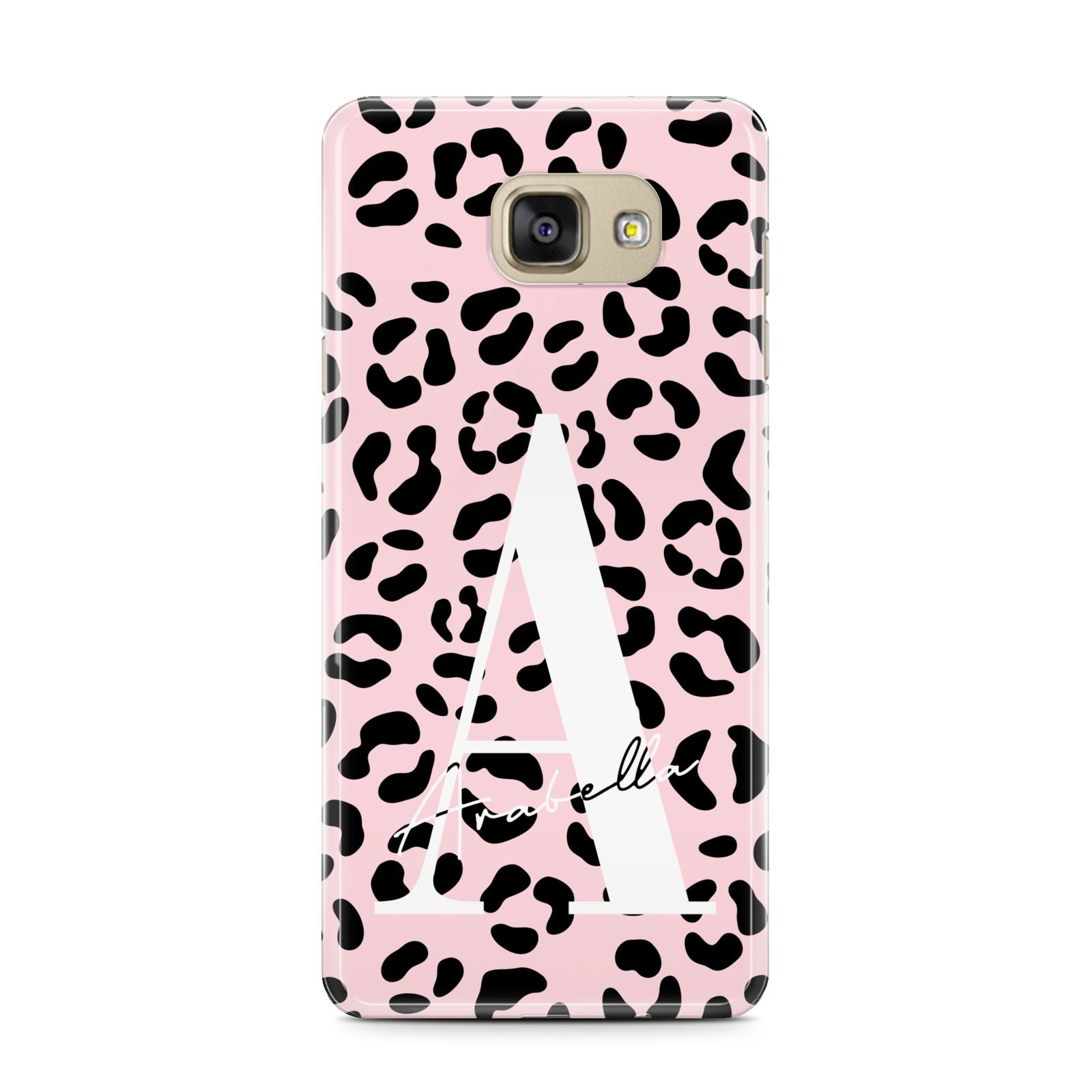 Personalised Leopard Print Pink Black Samsung Galaxy A7 2016 Case on gold phone