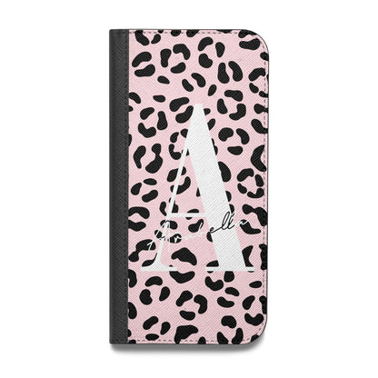 Personalised Leopard Print Pink Black Vegan Leather Flip Samsung Case