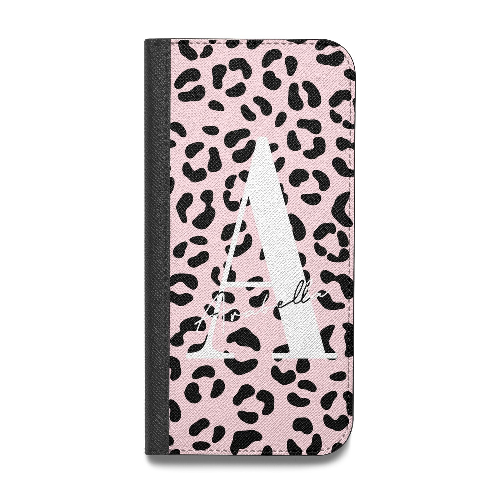Personalised Leopard Print Pink Black Vegan Leather Flip iPhone Case