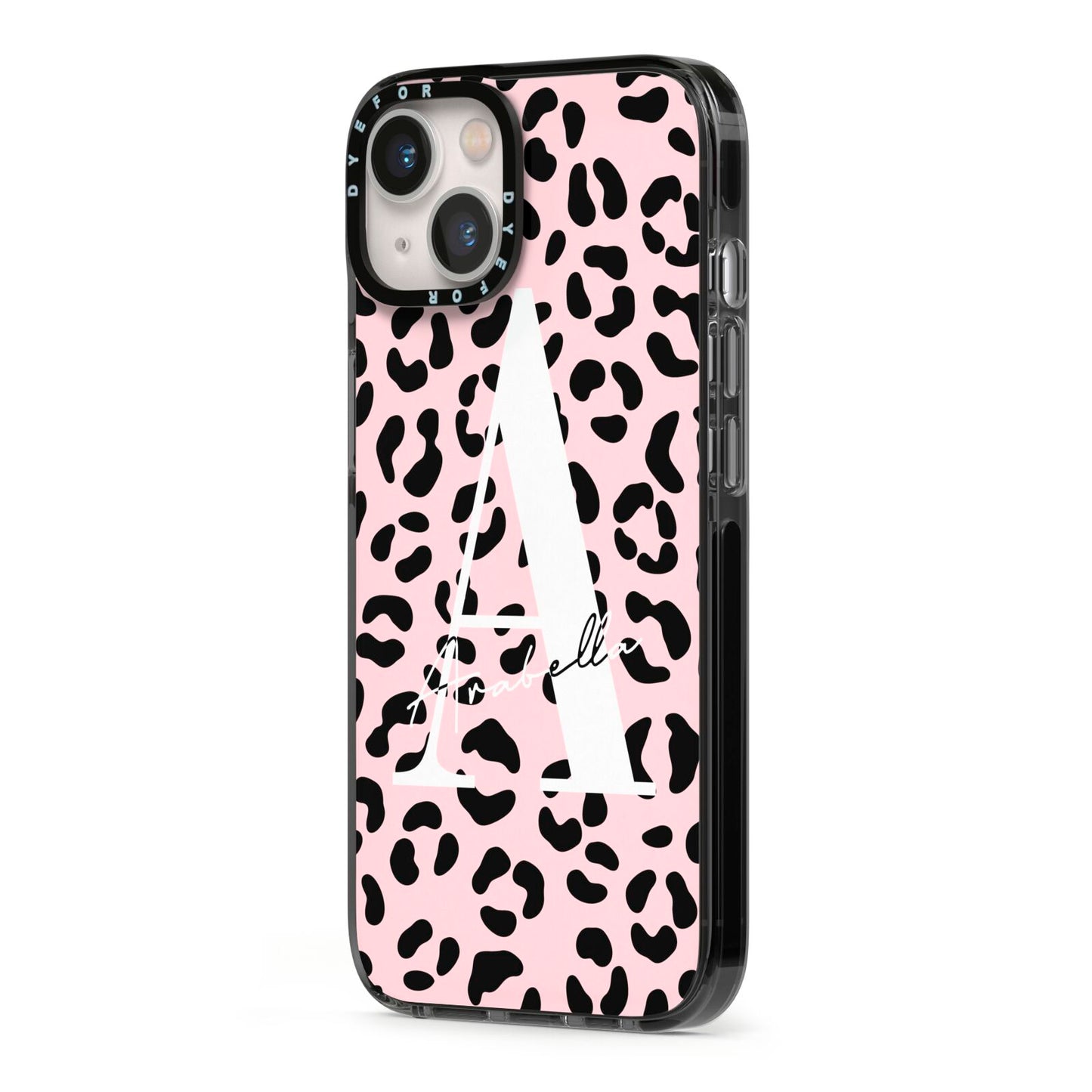 Personalised Leopard Print Pink Black iPhone 13 Black Impact Case Side Angle on Silver phone
