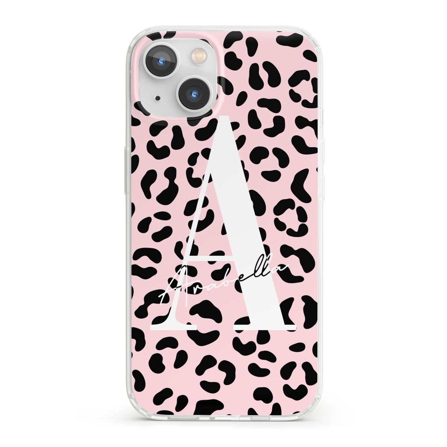Personalised Leopard Print Pink Black iPhone 13 Clear Bumper Case