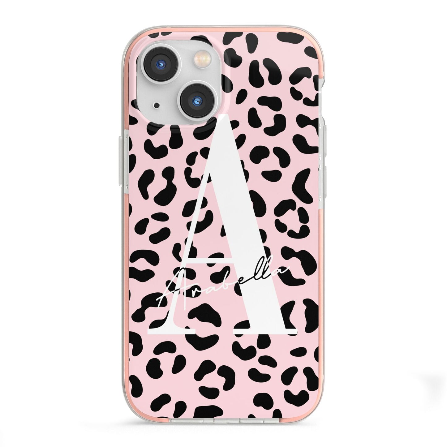 Personalised Leopard Print Pink Black iPhone 13 Mini TPU Impact Case with Pink Edges