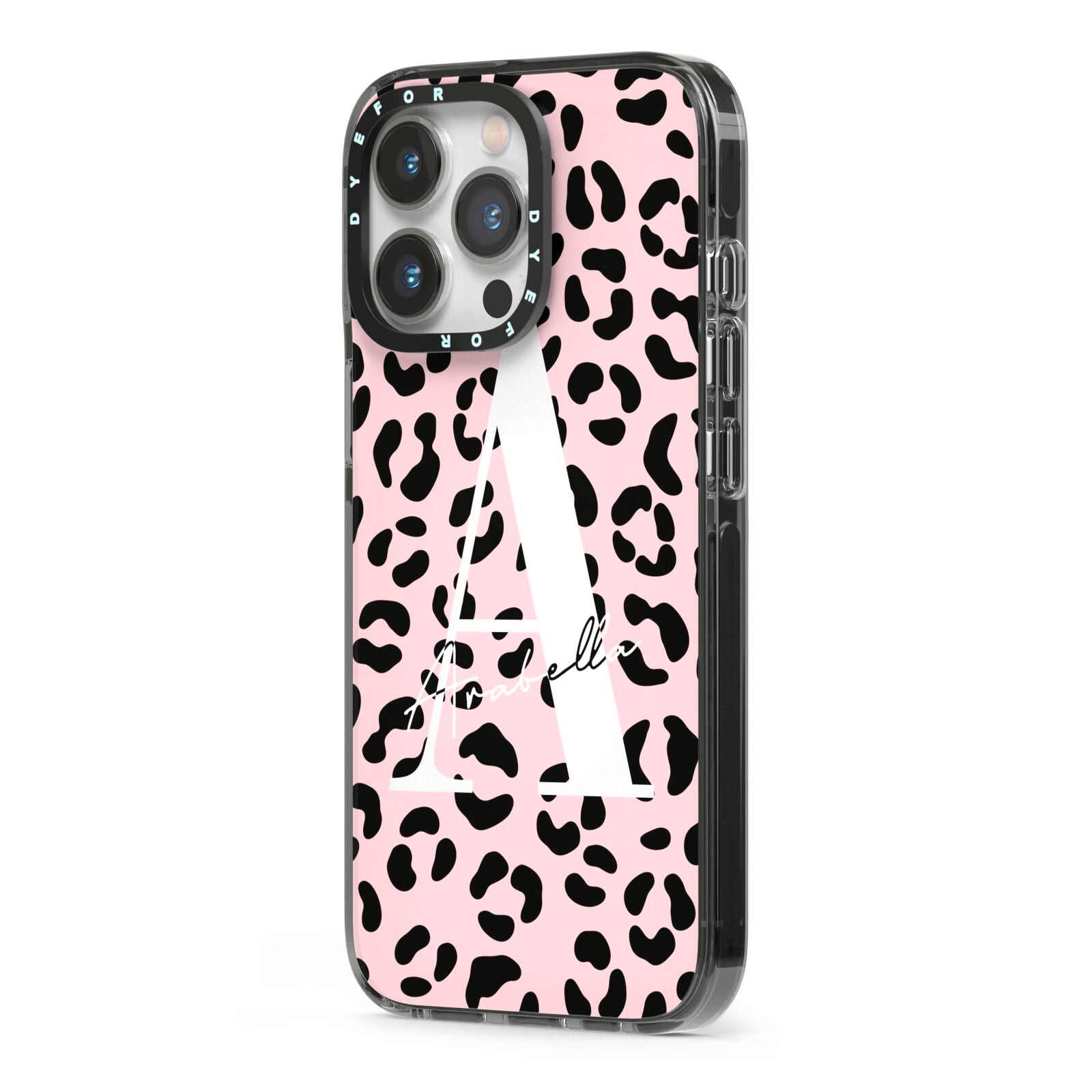 Personalised Leopard Print Pink Black iPhone 13 Pro Black Impact Case Side Angle on Silver phone