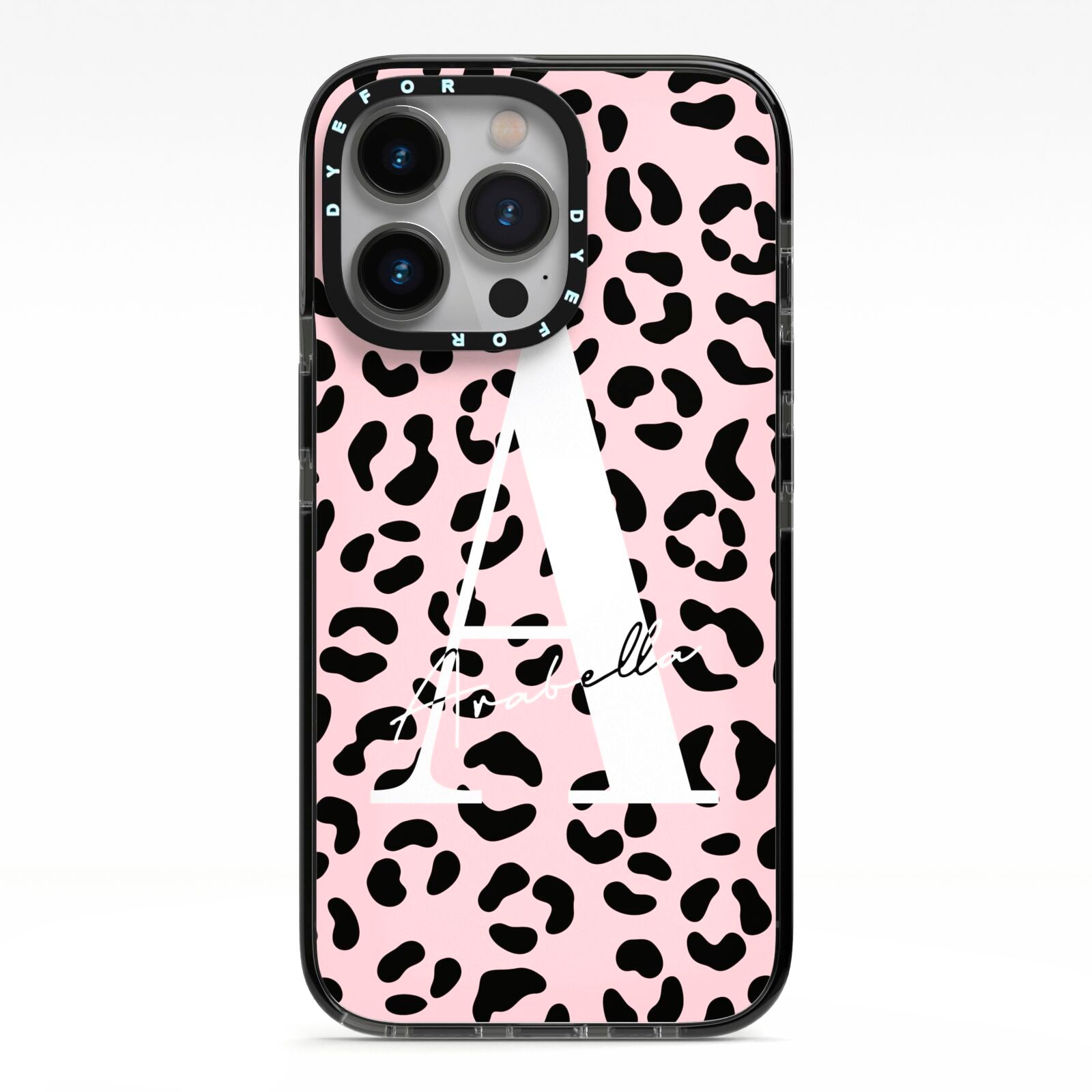 Personalised Leopard Print Pink Black iPhone 13 Pro Black Impact Case on Silver phone