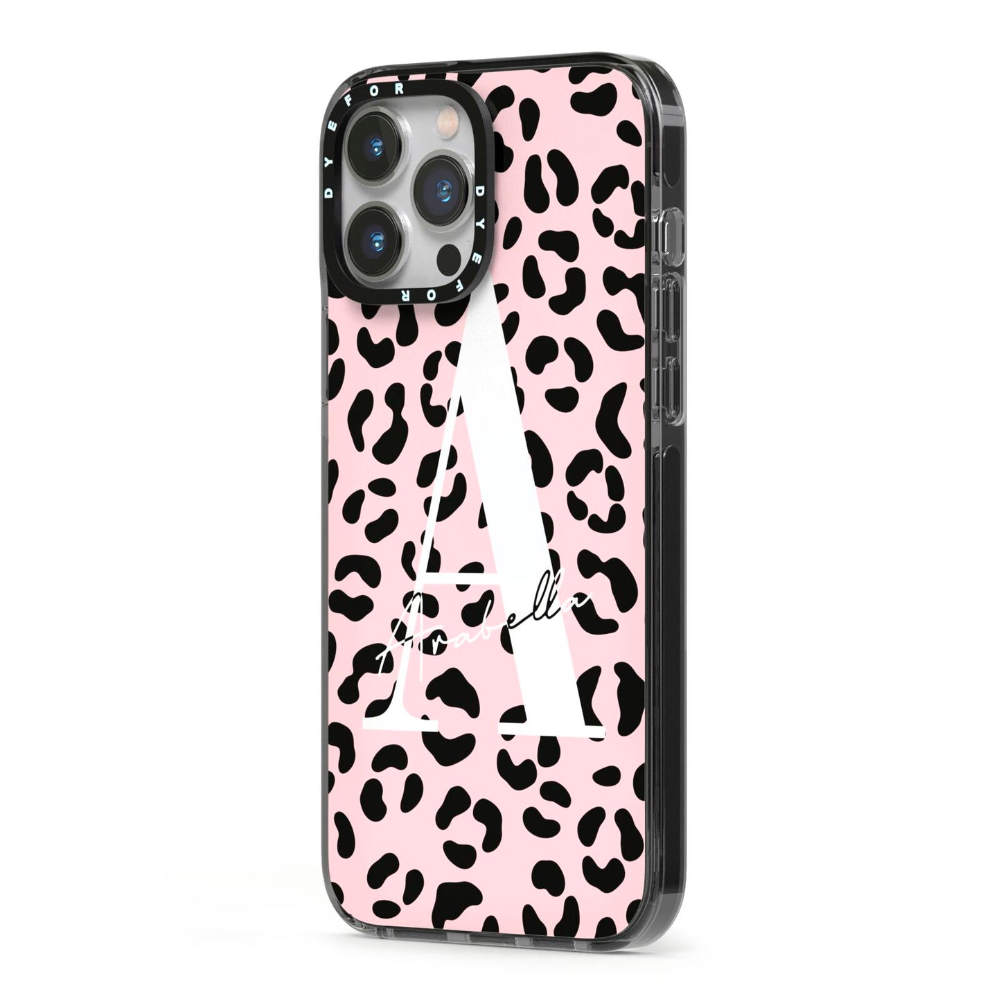 Personalised Leopard Print Pink Black iPhone 13 Pro Max Black Impact Case Side Angle on Silver phone