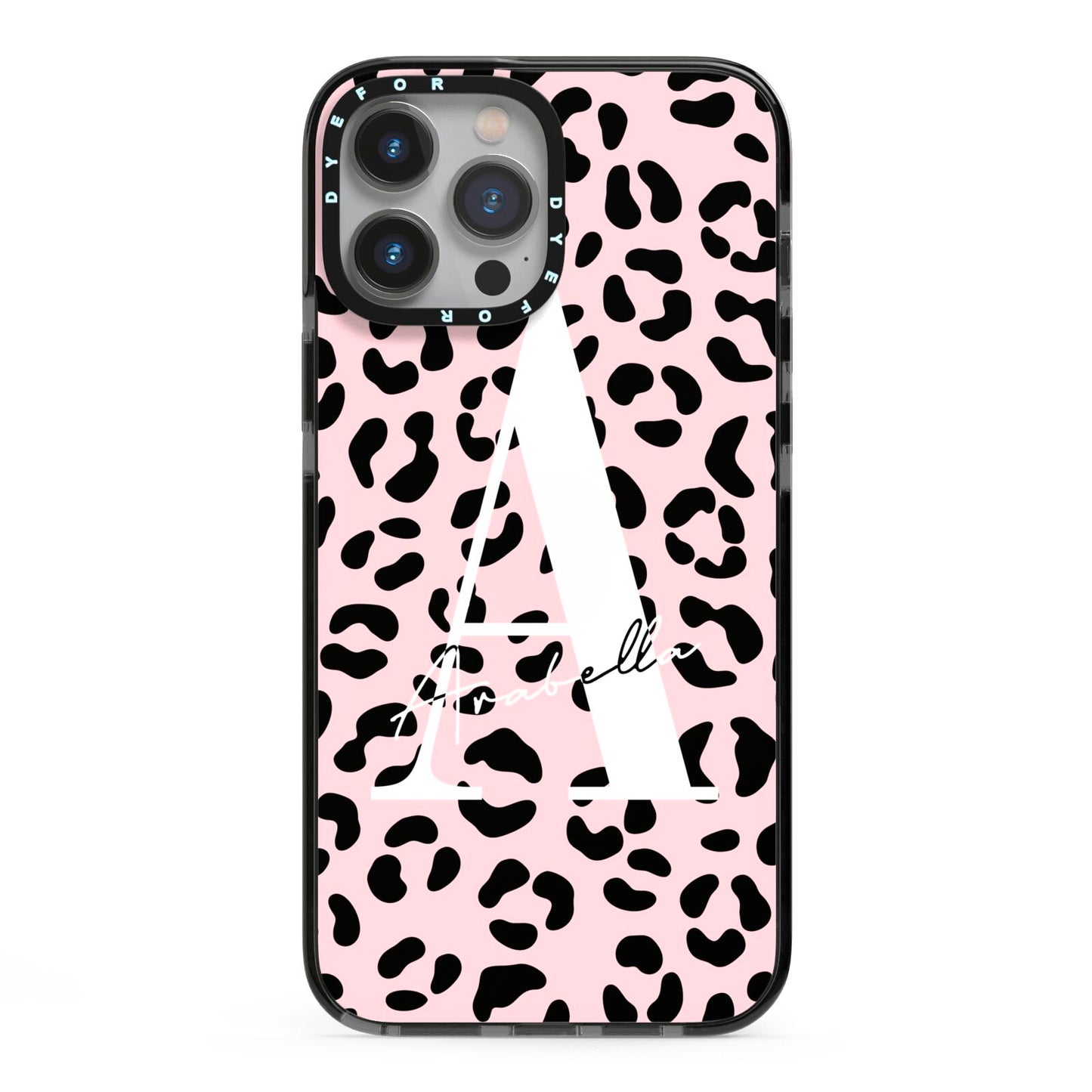 Personalised Leopard Print Pink Black iPhone 13 Pro Max Black Impact Case on Silver phone