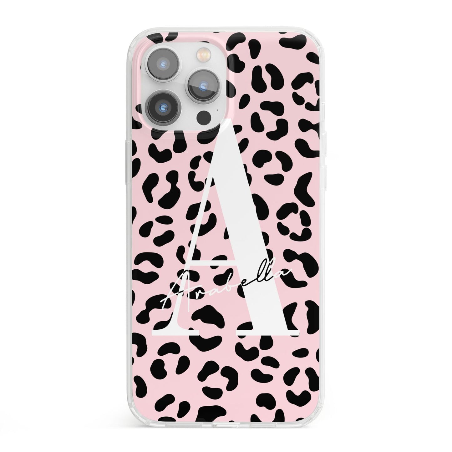 Personalised Leopard Print Pink Black iPhone 13 Pro Max Clear Bumper Case