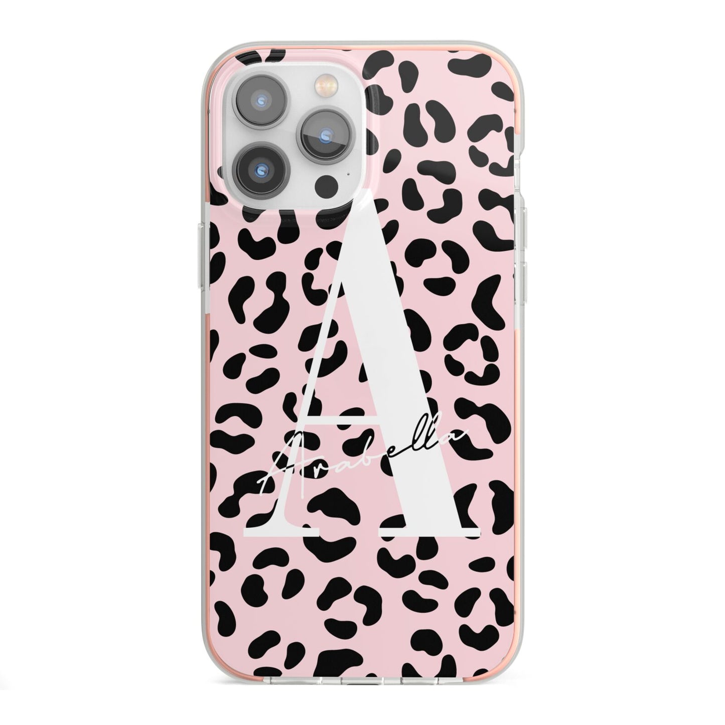 Personalised Leopard Print Pink Black iPhone 13 Pro Max TPU Impact Case with Pink Edges