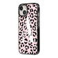 Personalised Leopard Print Pink Black iPhone 14 Black Impact Case Side Angle on Silver phone
