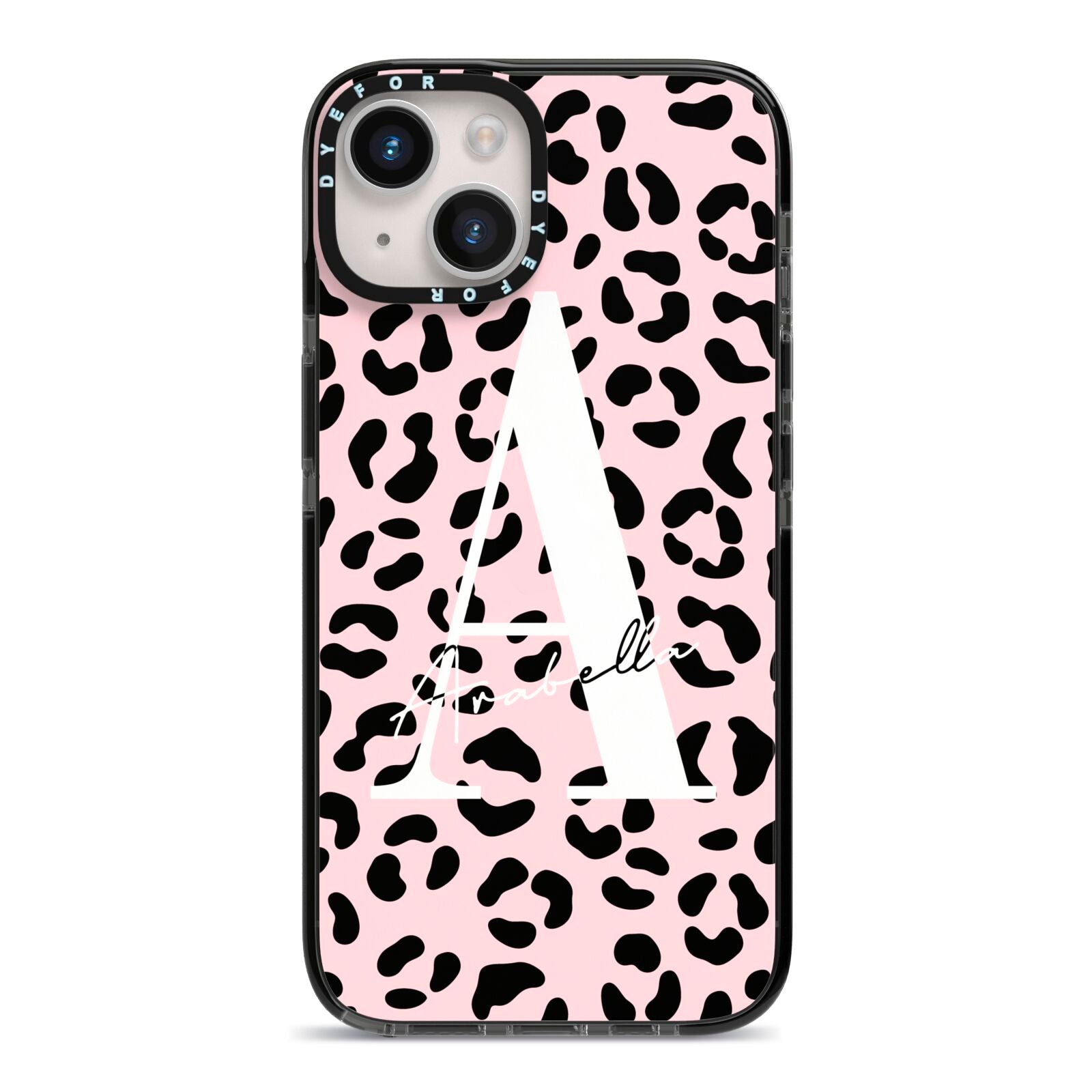 Personalised Leopard Print Pink Black iPhone 14 Black Impact Case on Silver phone
