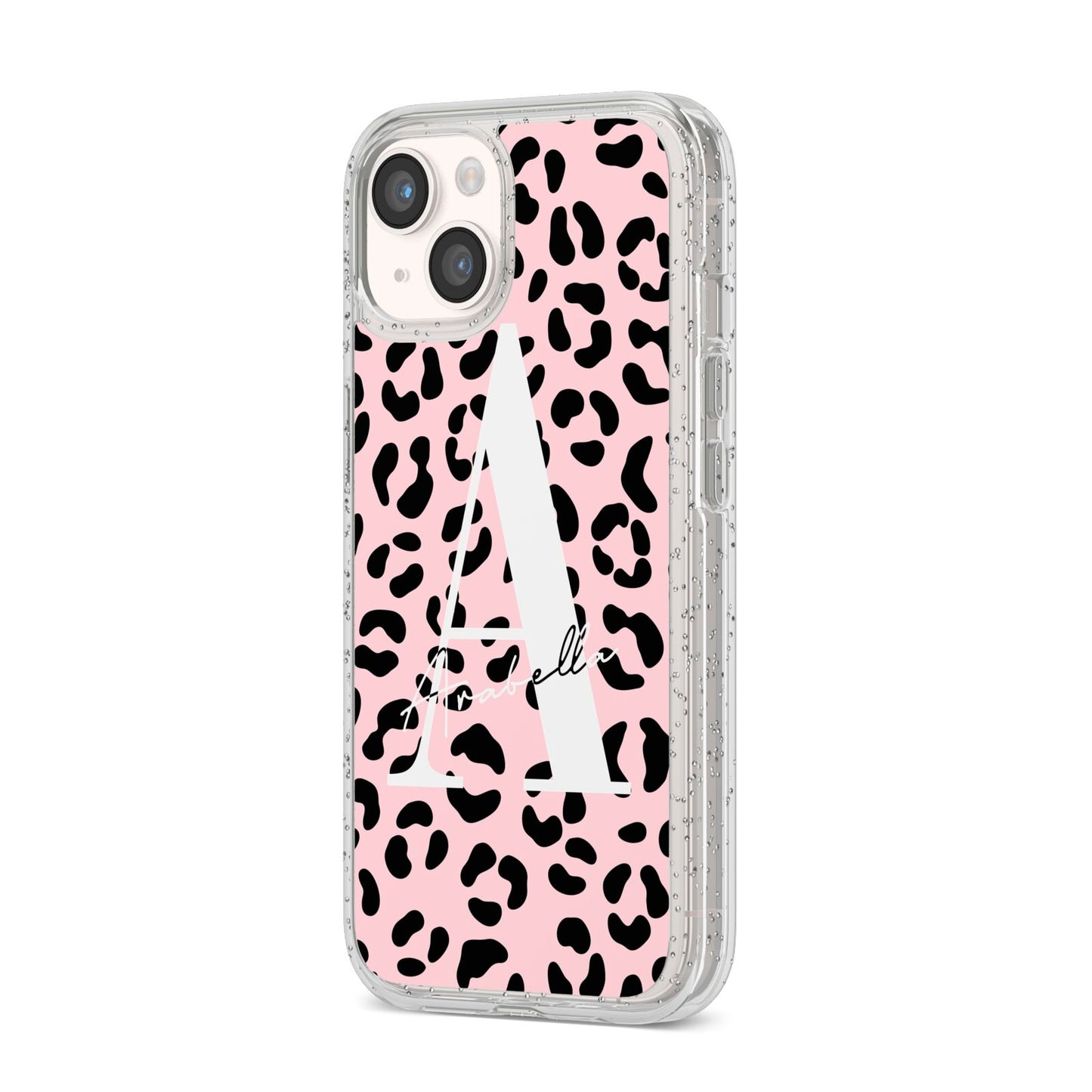 Personalised Leopard Print Pink Black iPhone 14 Glitter Tough Case Starlight Angled Image