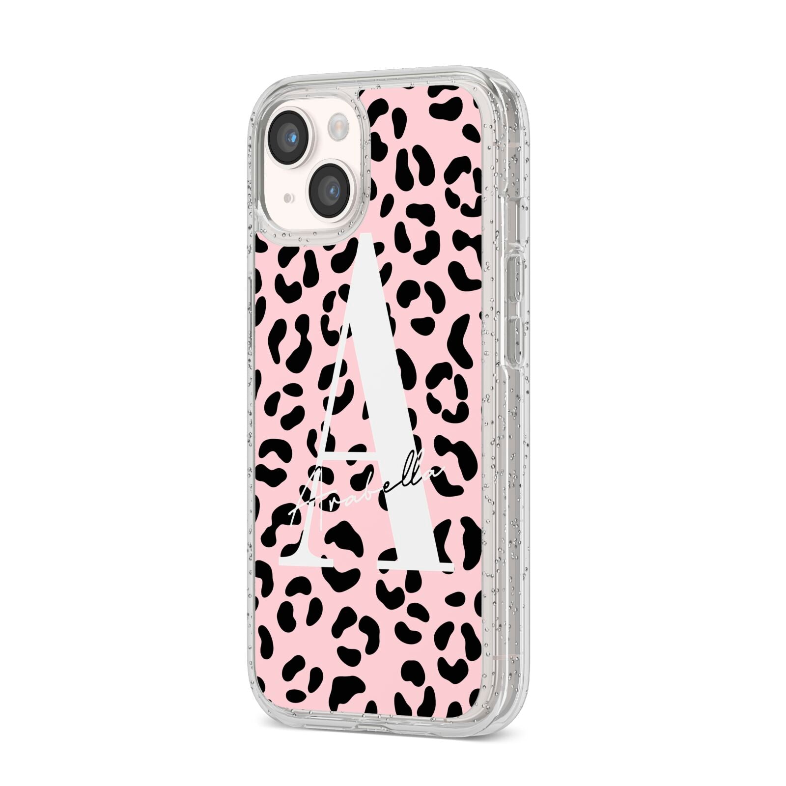 Personalised Leopard Print Pink Black iPhone 14 Glitter Tough Case Starlight Angled Image