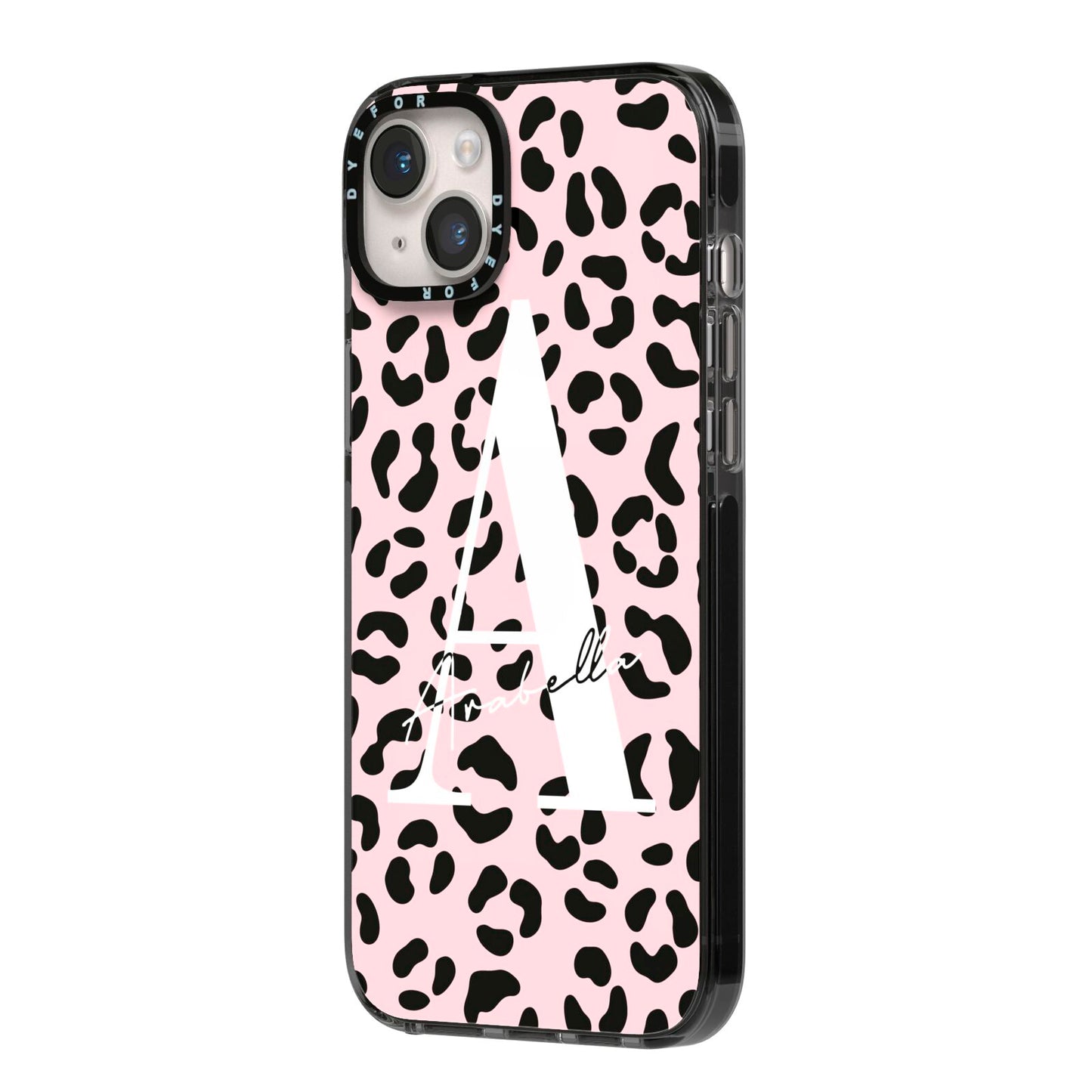 Personalised Leopard Print Pink Black iPhone 14 Plus Black Impact Case Side Angle on Silver phone