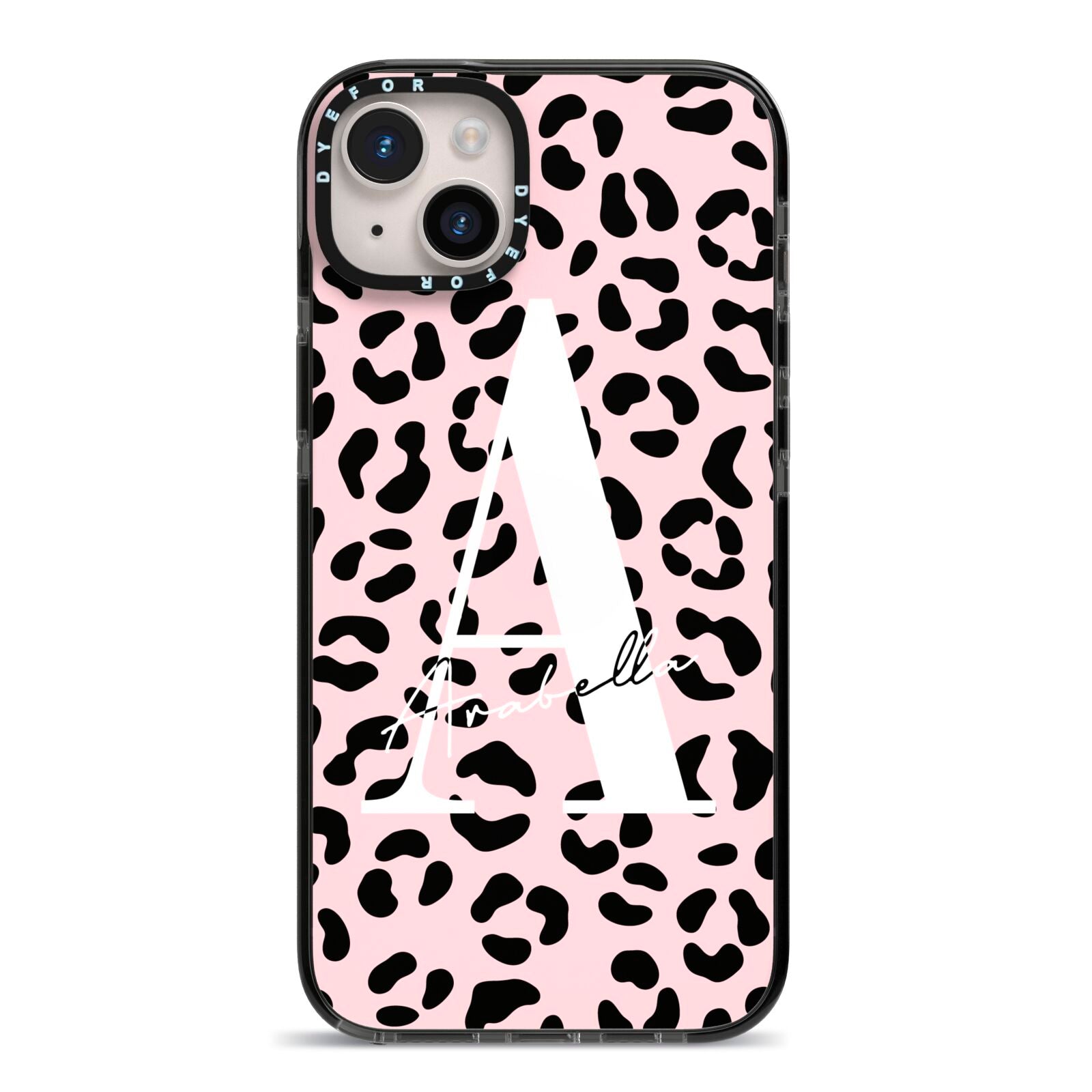 Personalised Leopard Print Pink Black iPhone 14 Plus Black Impact Case on Silver phone
