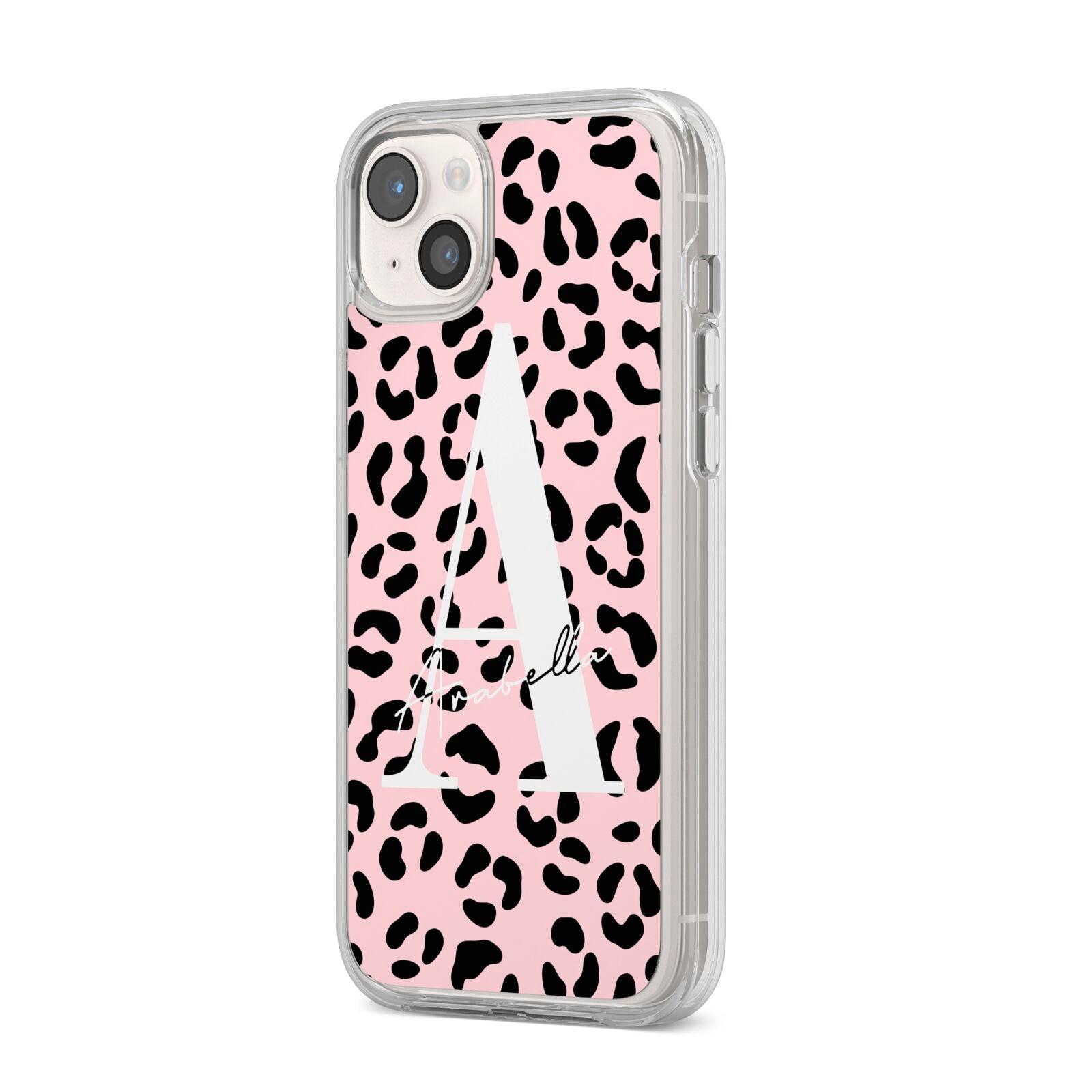 Personalised Leopard Print Pink Black iPhone 14 Plus Clear Tough Case Starlight Angled Image