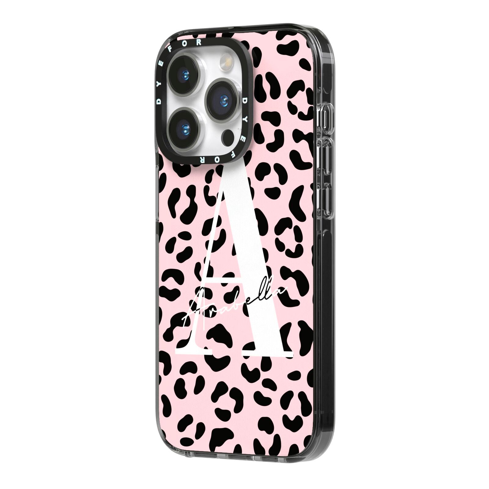 Personalised Leopard Print Pink Black iPhone 14 Pro Black Impact Case Side Angle on Silver phone