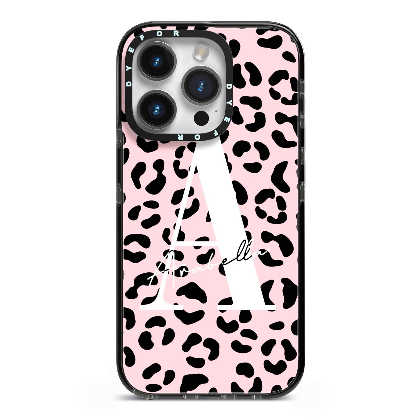 Personalised Leopard Print Pink Black iPhone 14 Pro Black Impact Case on Silver phone