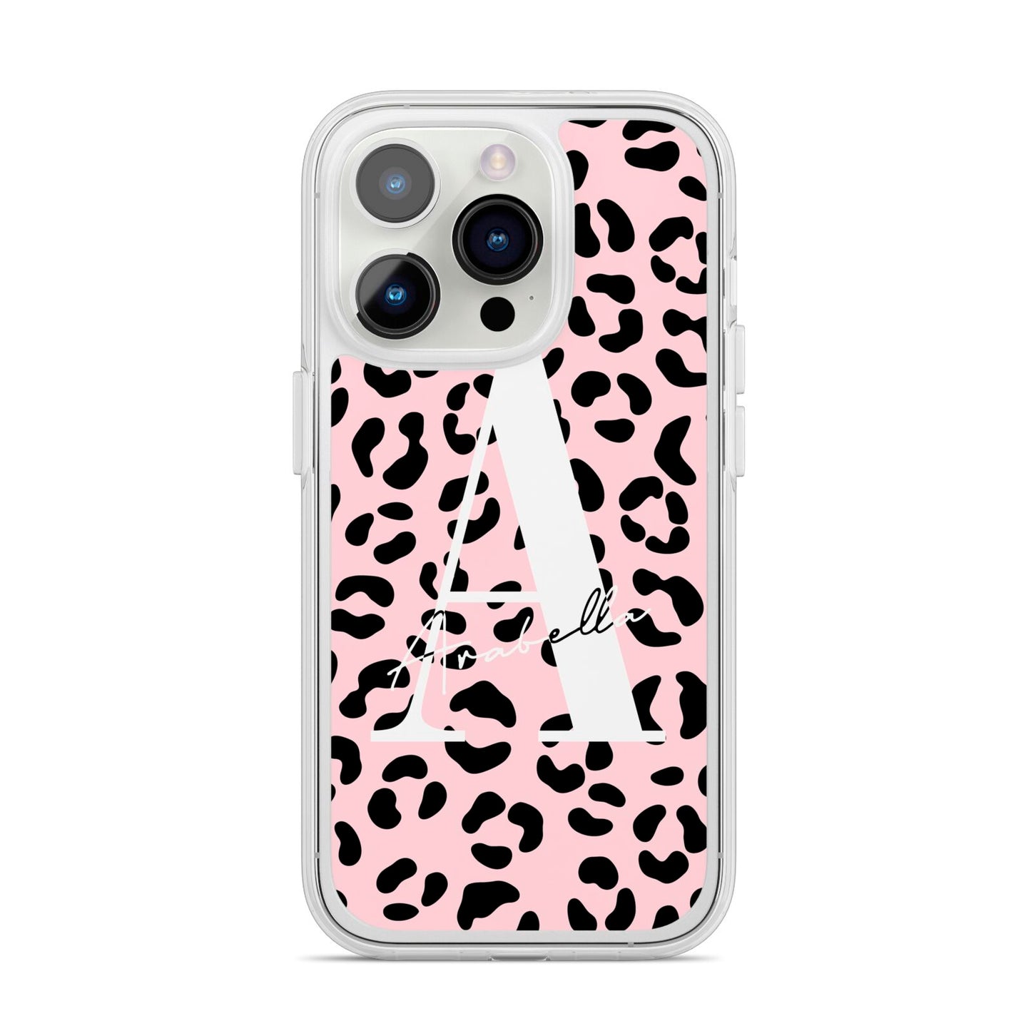 Personalised Leopard Print Pink Black iPhone 14 Pro Clear Tough Case Silver