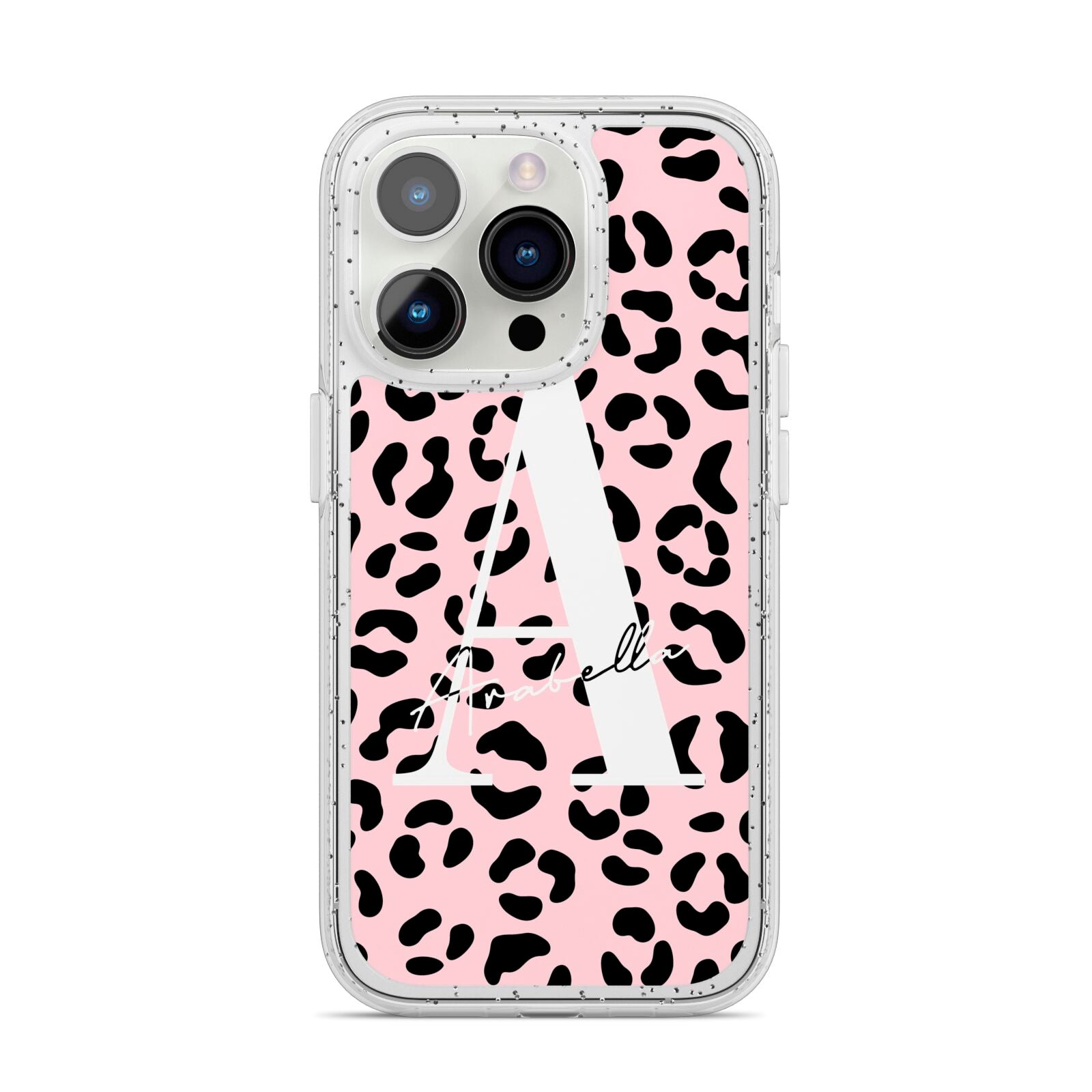 Personalised Leopard Print Pink Black iPhone 14 Pro Glitter Tough Case Silver