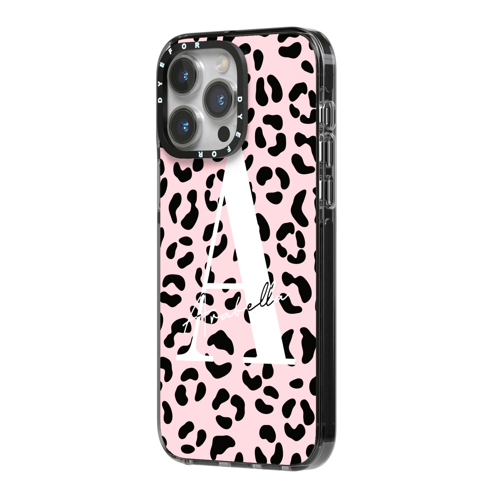 Personalised Leopard Print Pink Black iPhone 14 Pro Max Black Impact Case Side Angle on Silver phone