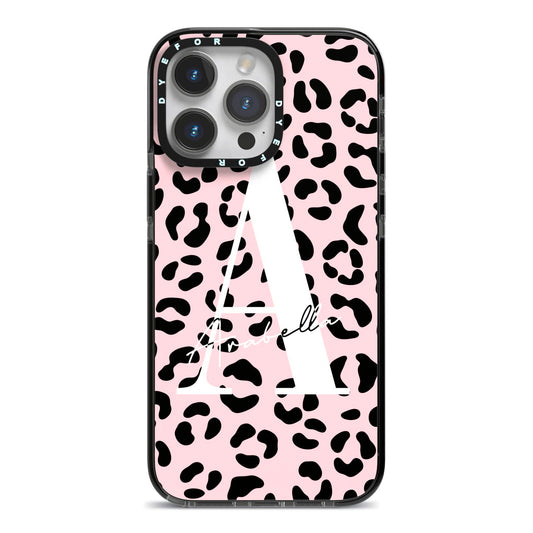 Personalised Leopard Print Pink Black iPhone 14 Pro Max Black Impact Case on Silver phone