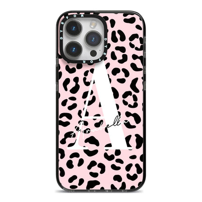 Personalised Leopard Print Pink Black iPhone 14 Pro Max Black Impact Case on Silver phone
