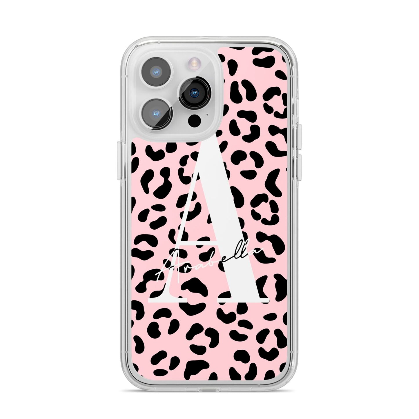 Personalised Leopard Print Pink Black iPhone 14 Pro Max Clear Tough Case Silver